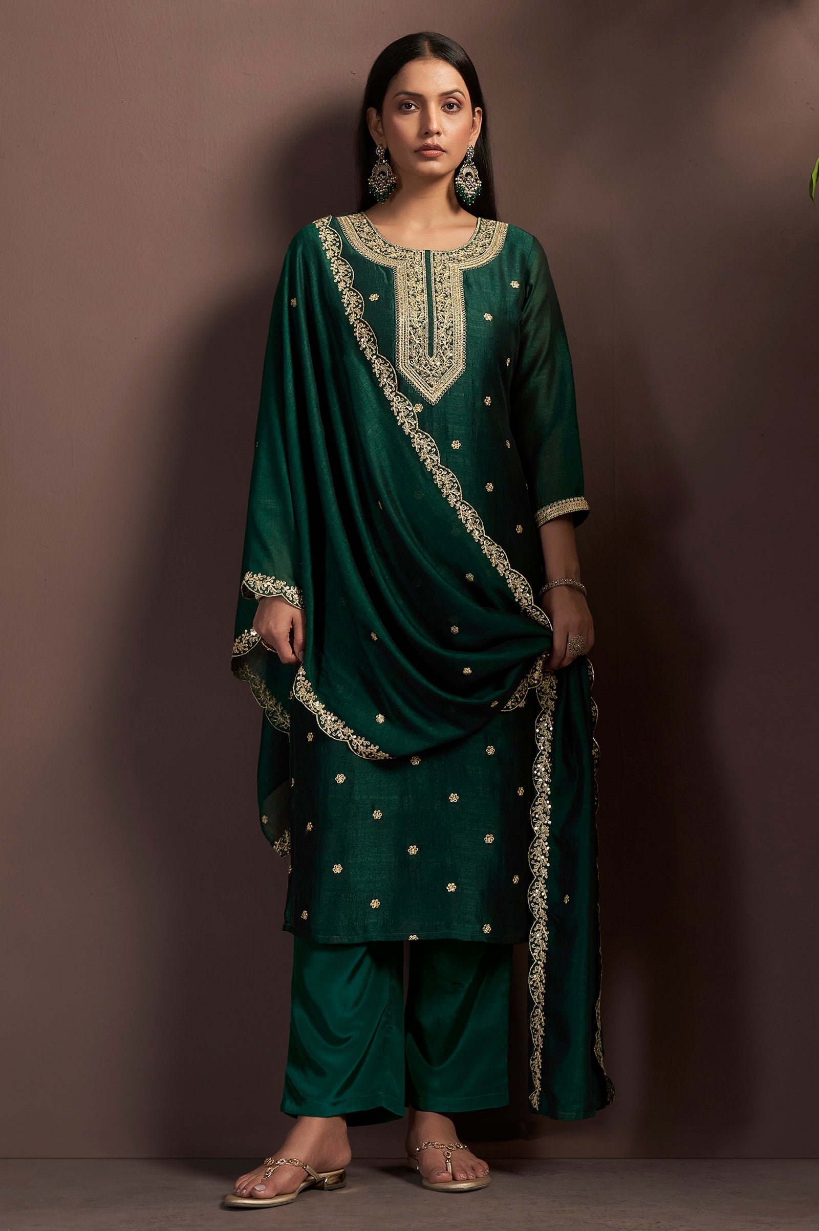Emerald Royale Vichitra Silk Embroidered Kurta Set