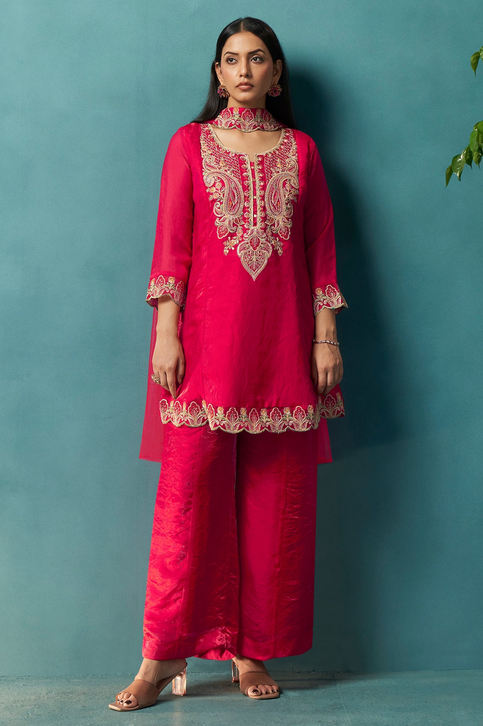 Teal Royale Silk Blend Embroidered Sharara Set