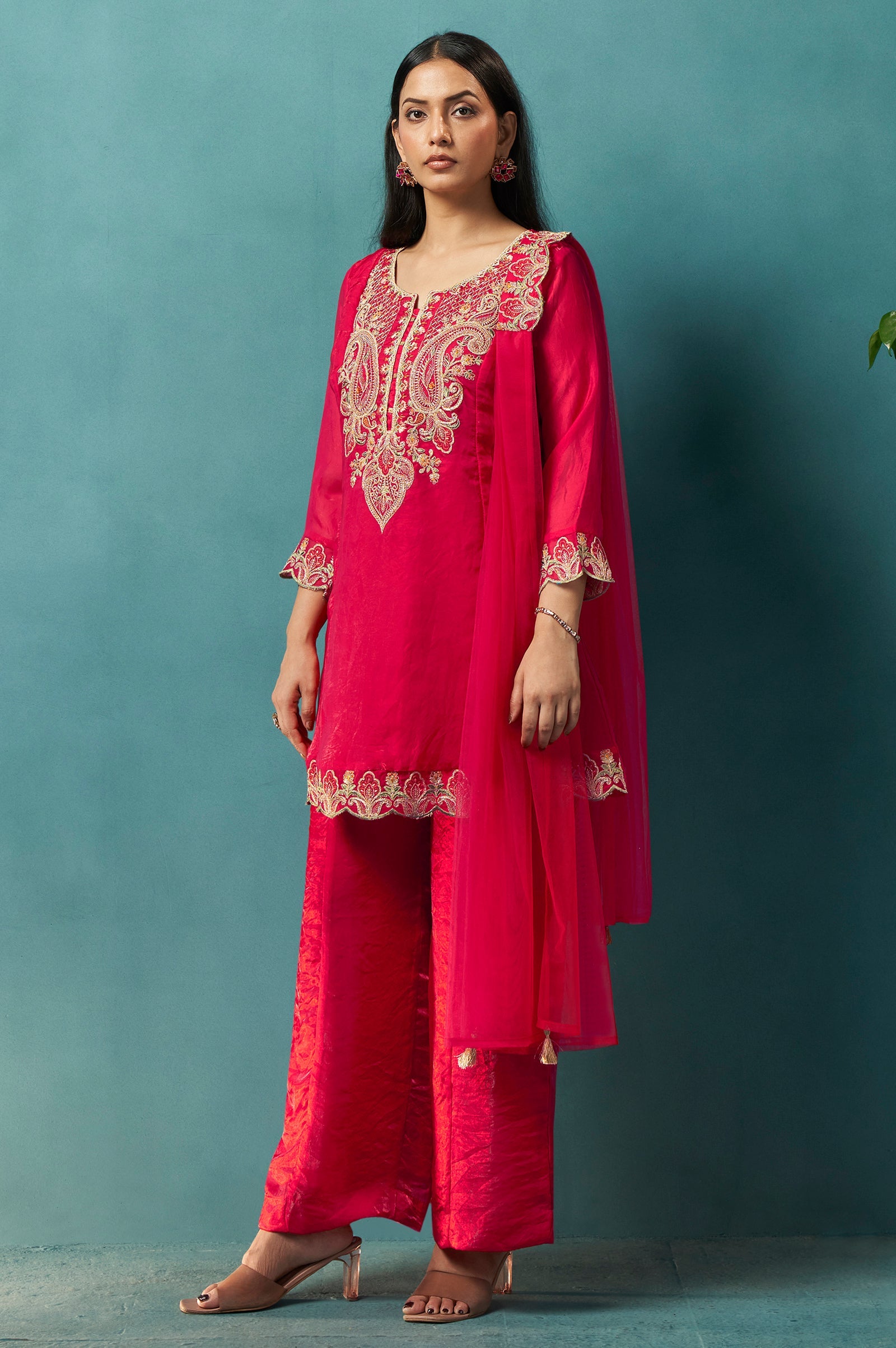 Teal Royale Silk Blend Embroidered Sharara Set