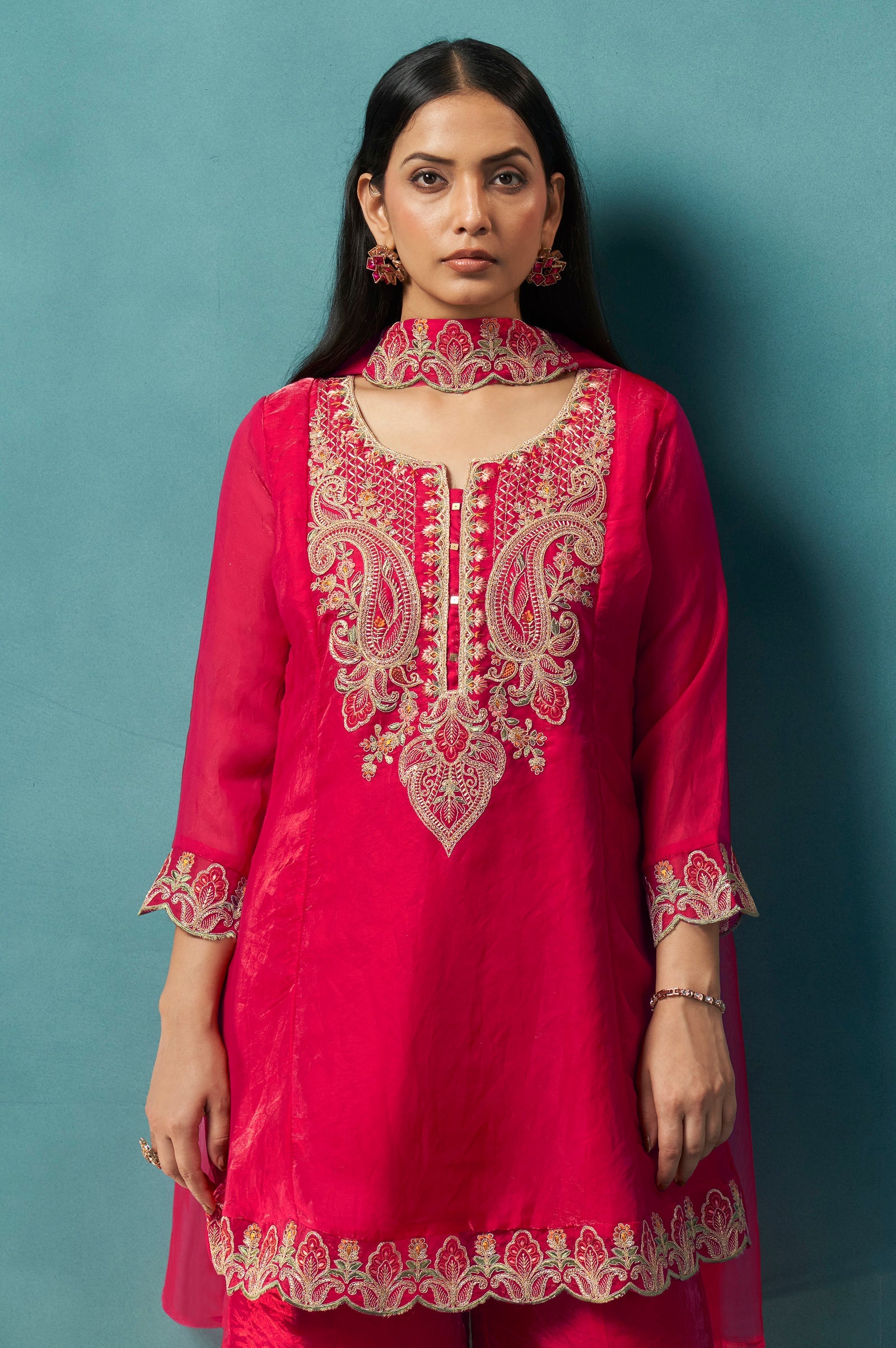Teal Royale Silk Blend Embroidered Sharara Set