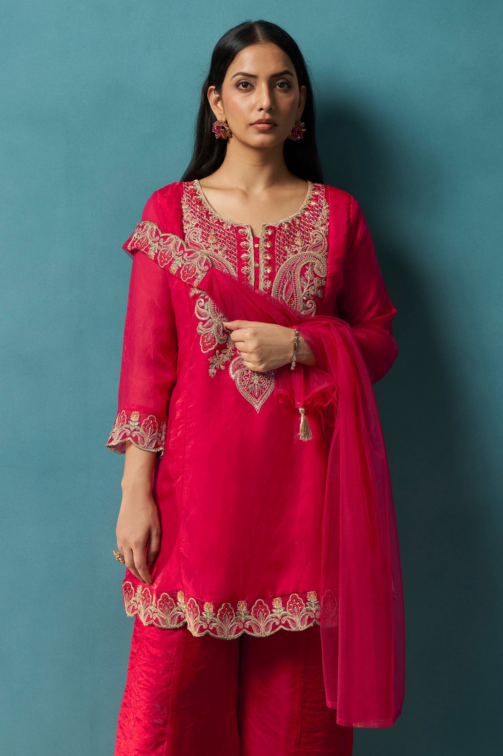Teal Royale Silk Blend Embroidered Sharara Set