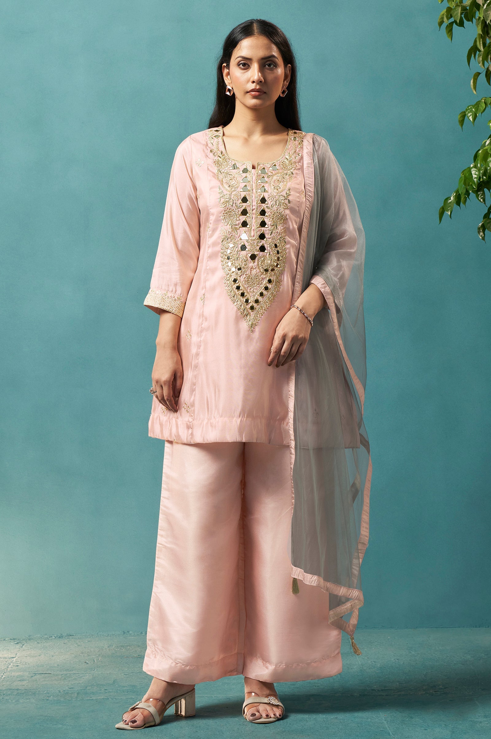Blush Royale Silk Blend Mirror Work Sharara Set