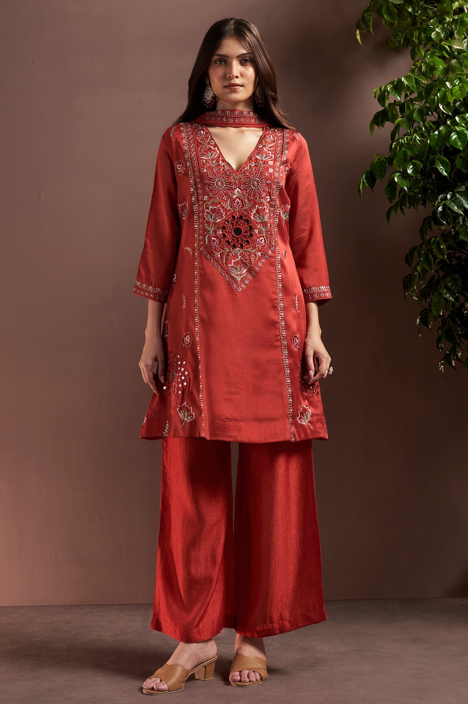 Rust Royale Silk Blend Mirror Work Kurta Set
