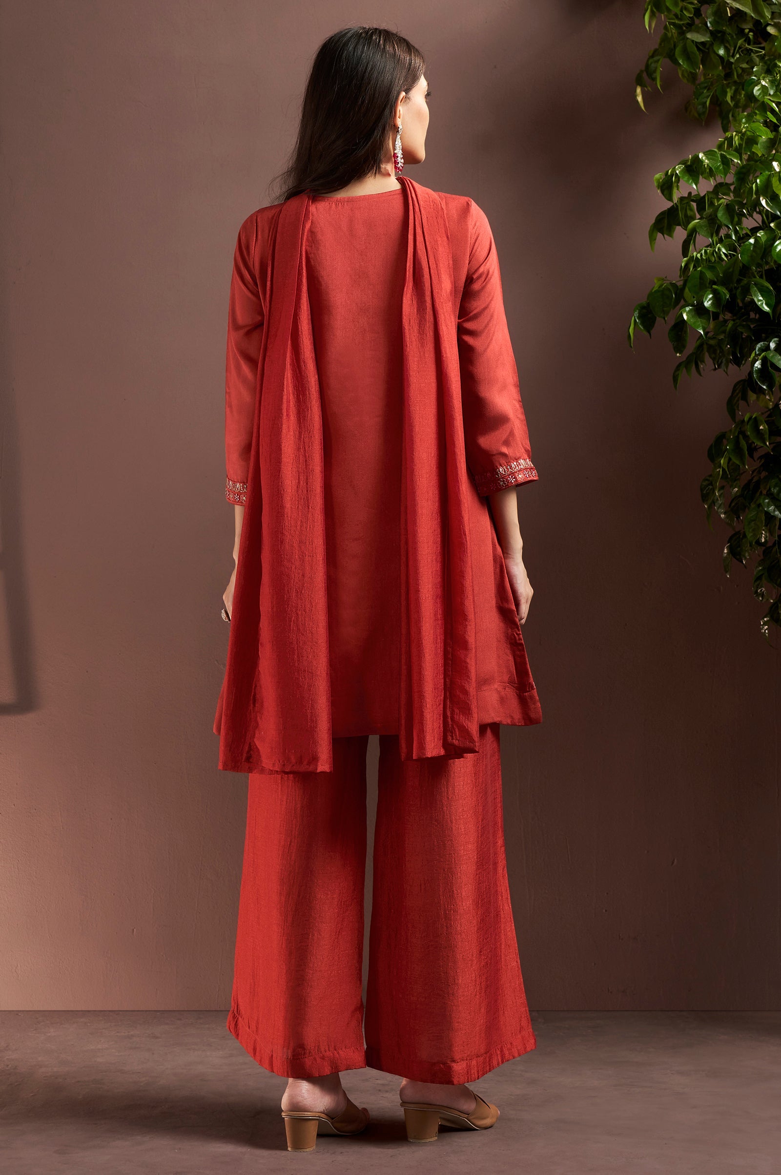 Rust Royale Silk Blend Mirror Work Kurta Set