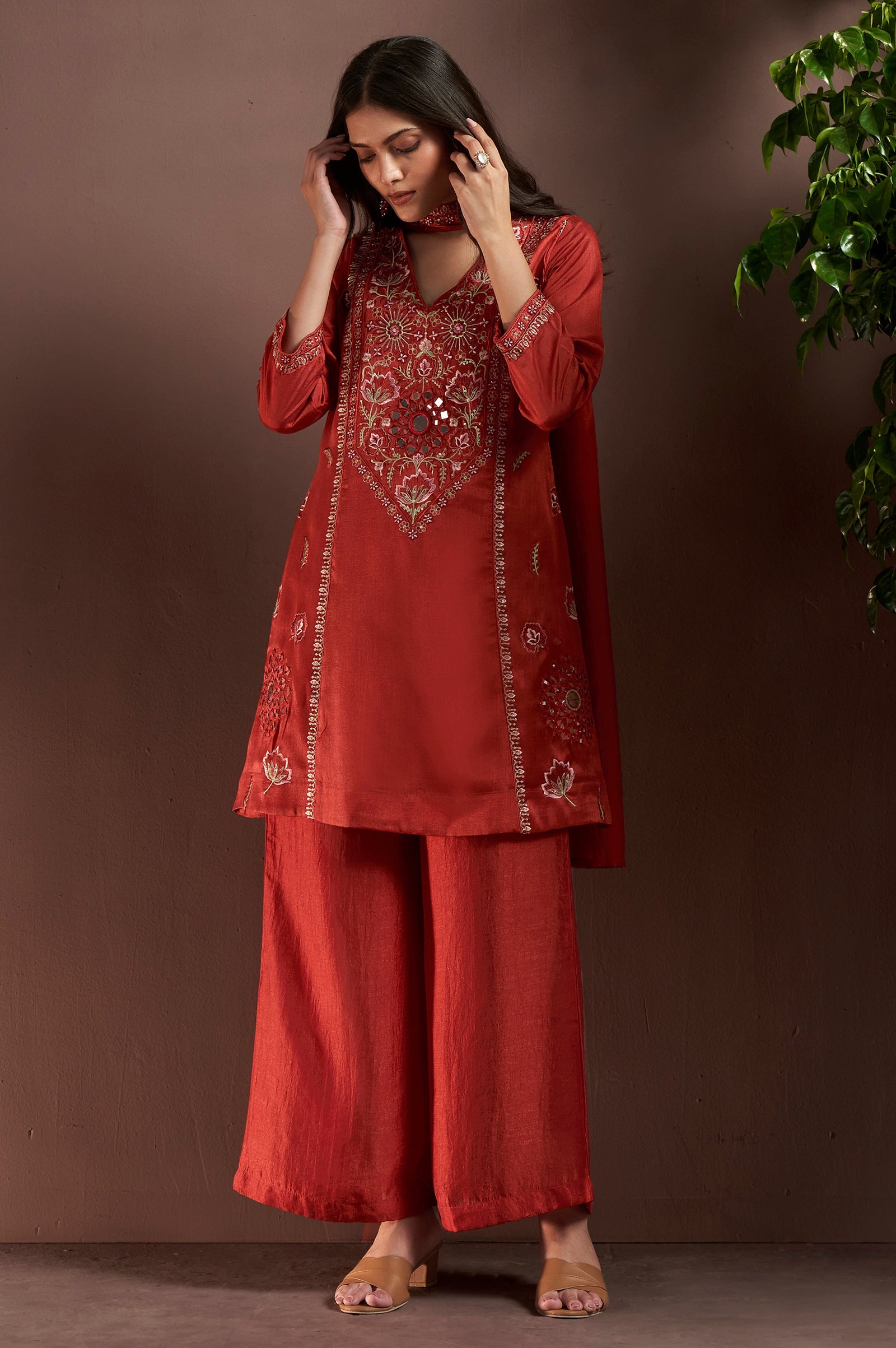 Rust Royale Silk Blend Mirror Work Kurta Set