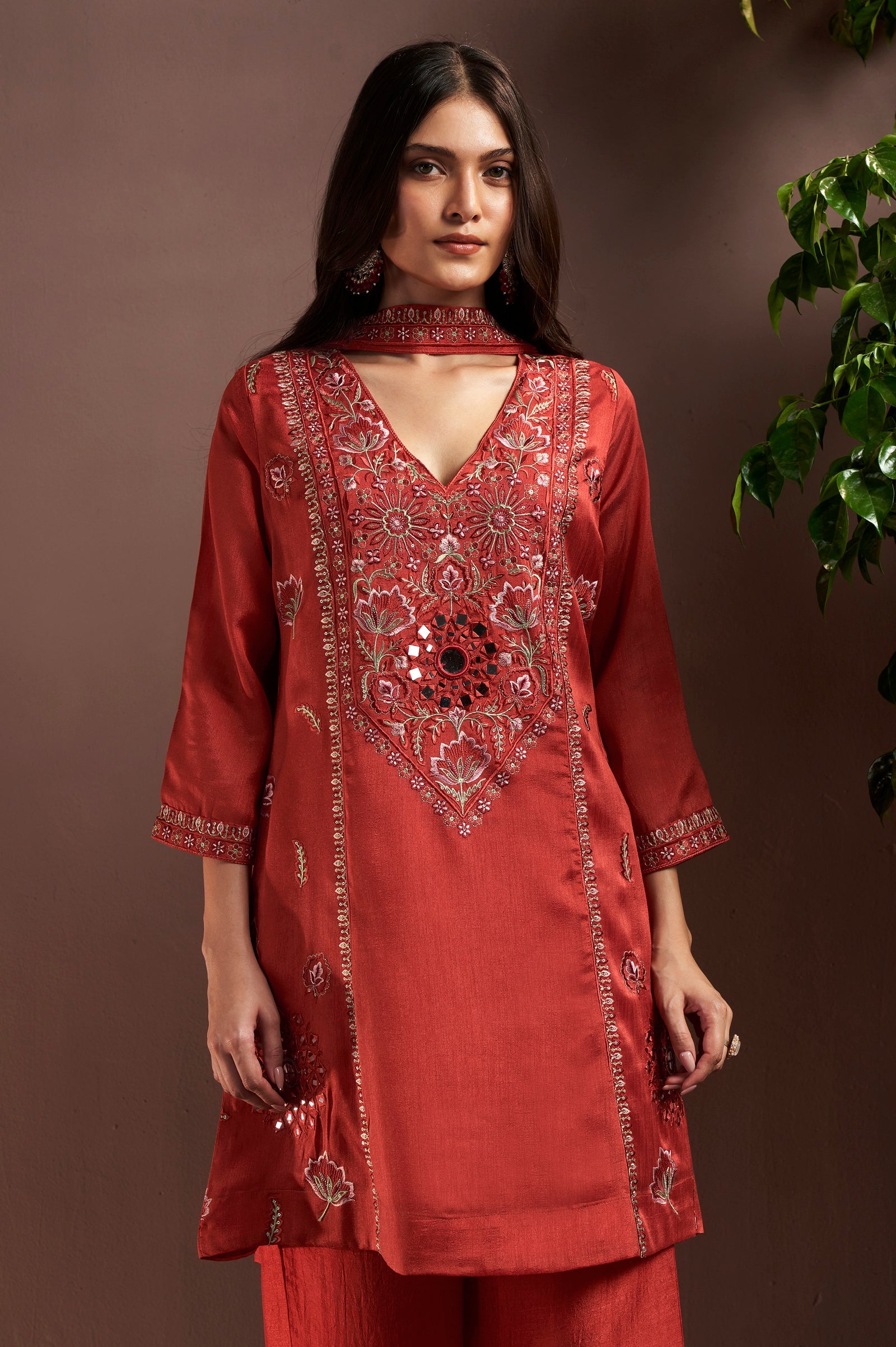 Rust Royale Silk Blend Mirror Work Kurta Set
