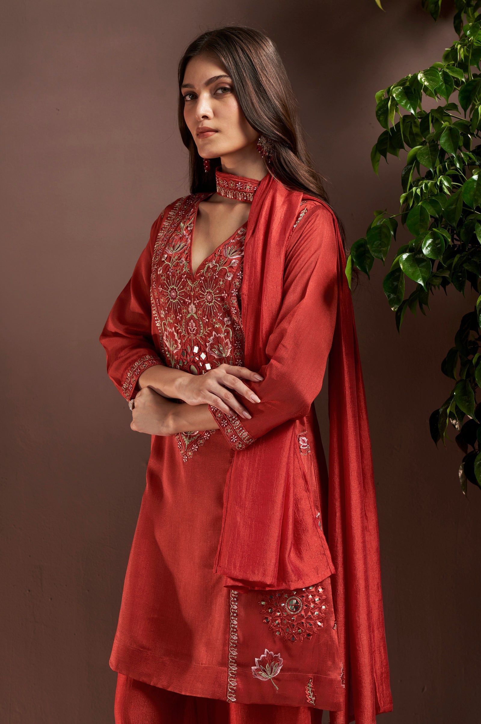 Rust Royale Silk Blend Mirror Work Kurta Set