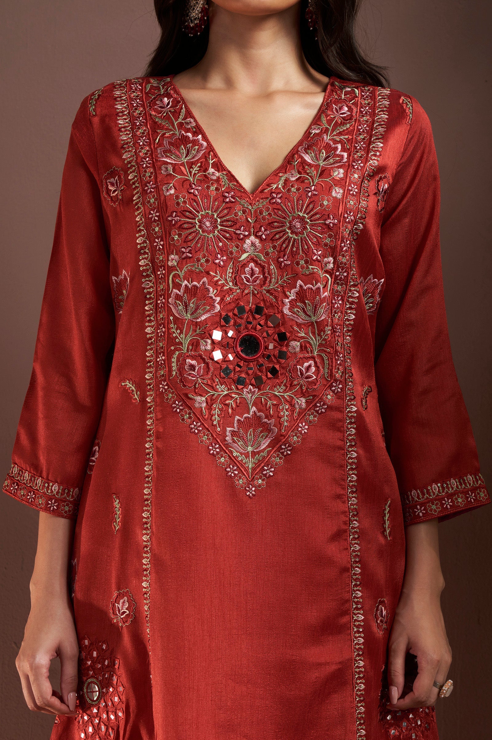 Rust Royale Silk Blend Mirror Work Kurta Set