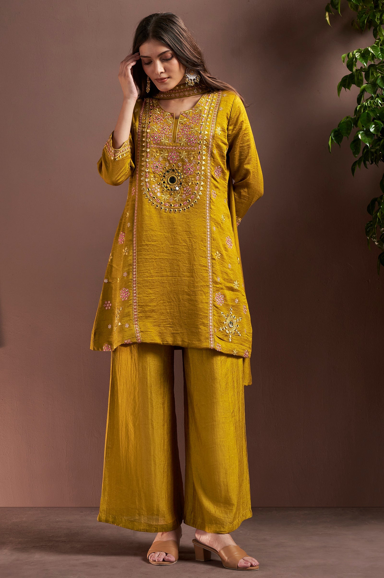 Sunehri Royale Silk Blend Mirror Work Palazzo Set