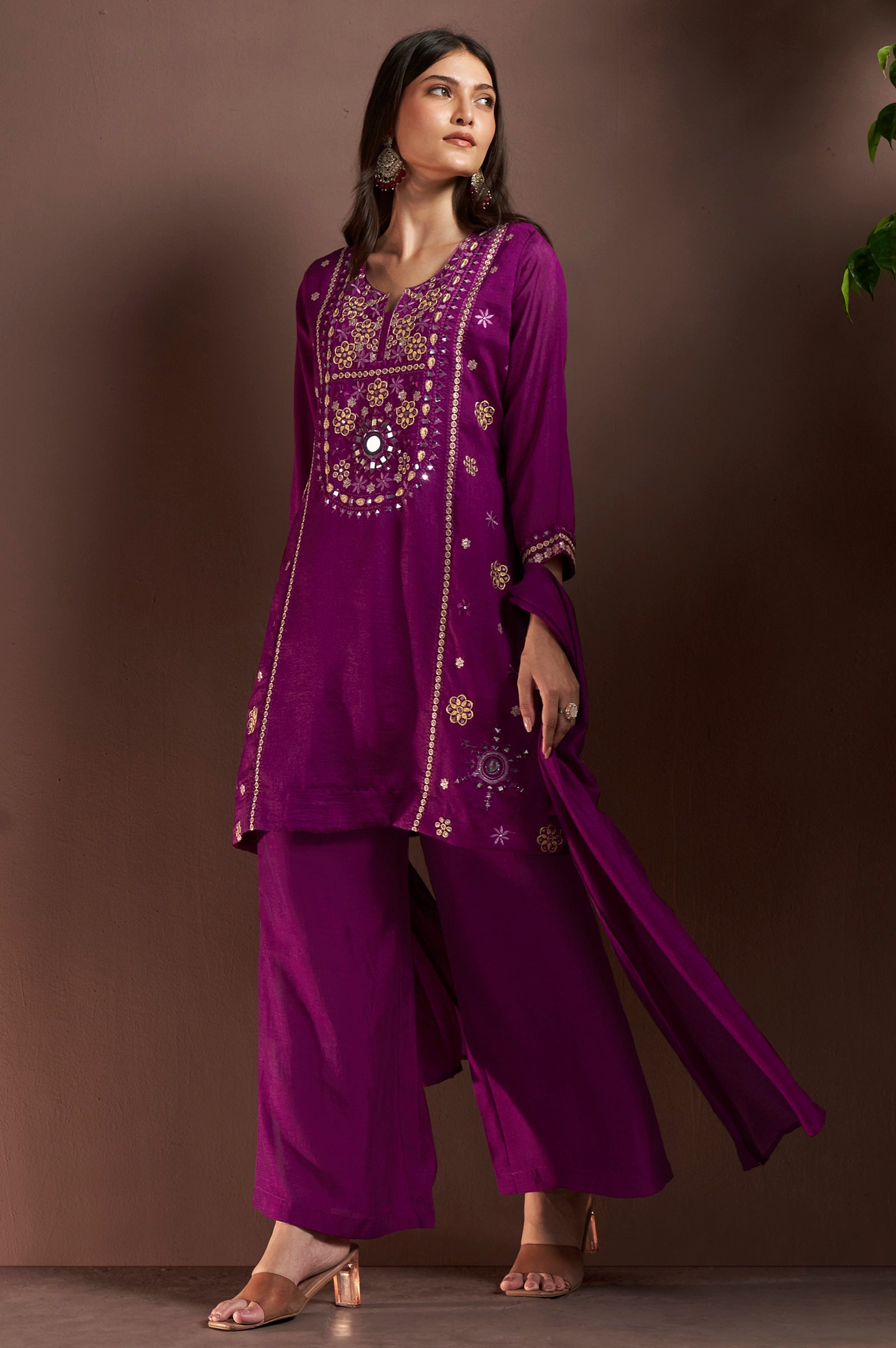Royal Amethyst Silk Blend Mirror Work Palazzo Set