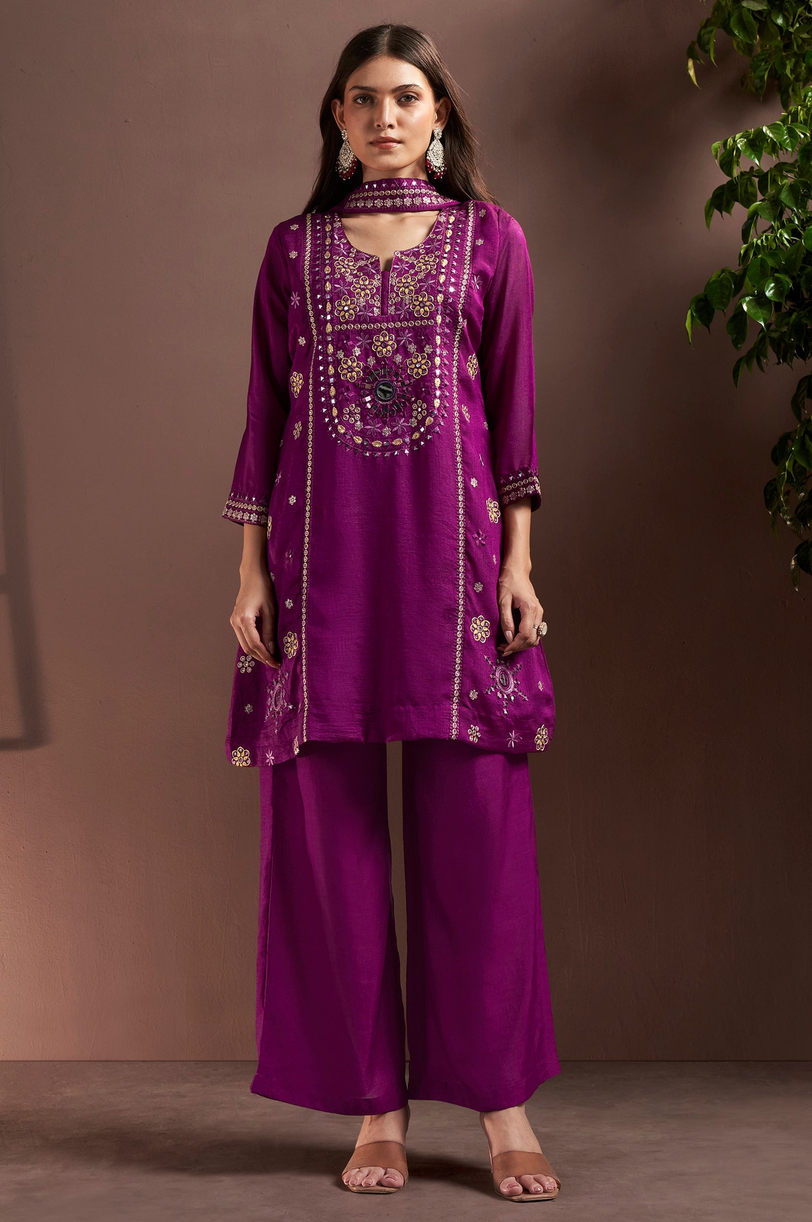 Royal Amethyst Silk Blend Mirror Work Palazzo Set