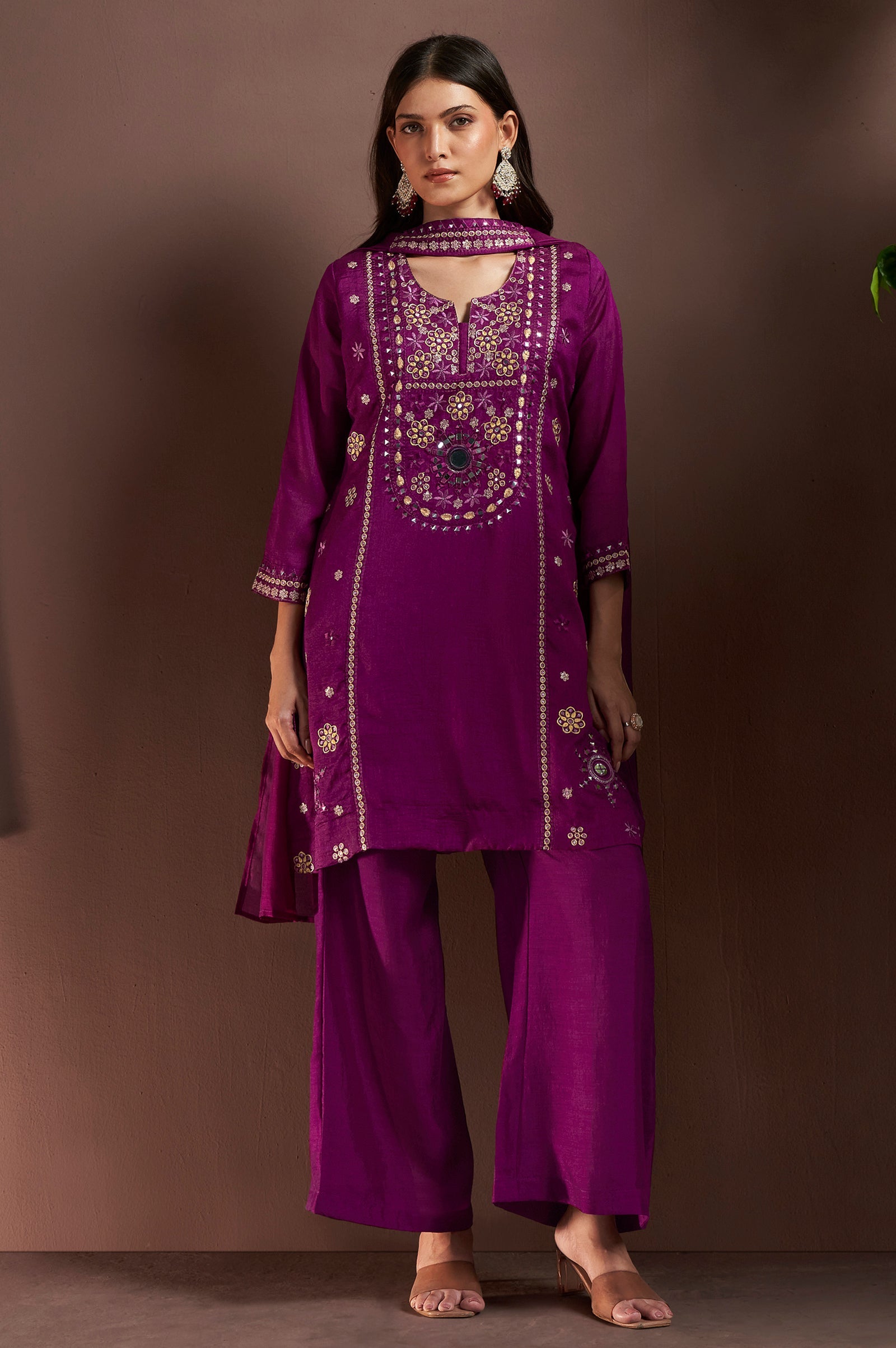 Royal Amethyst Silk Blend Mirror Work Palazzo Set