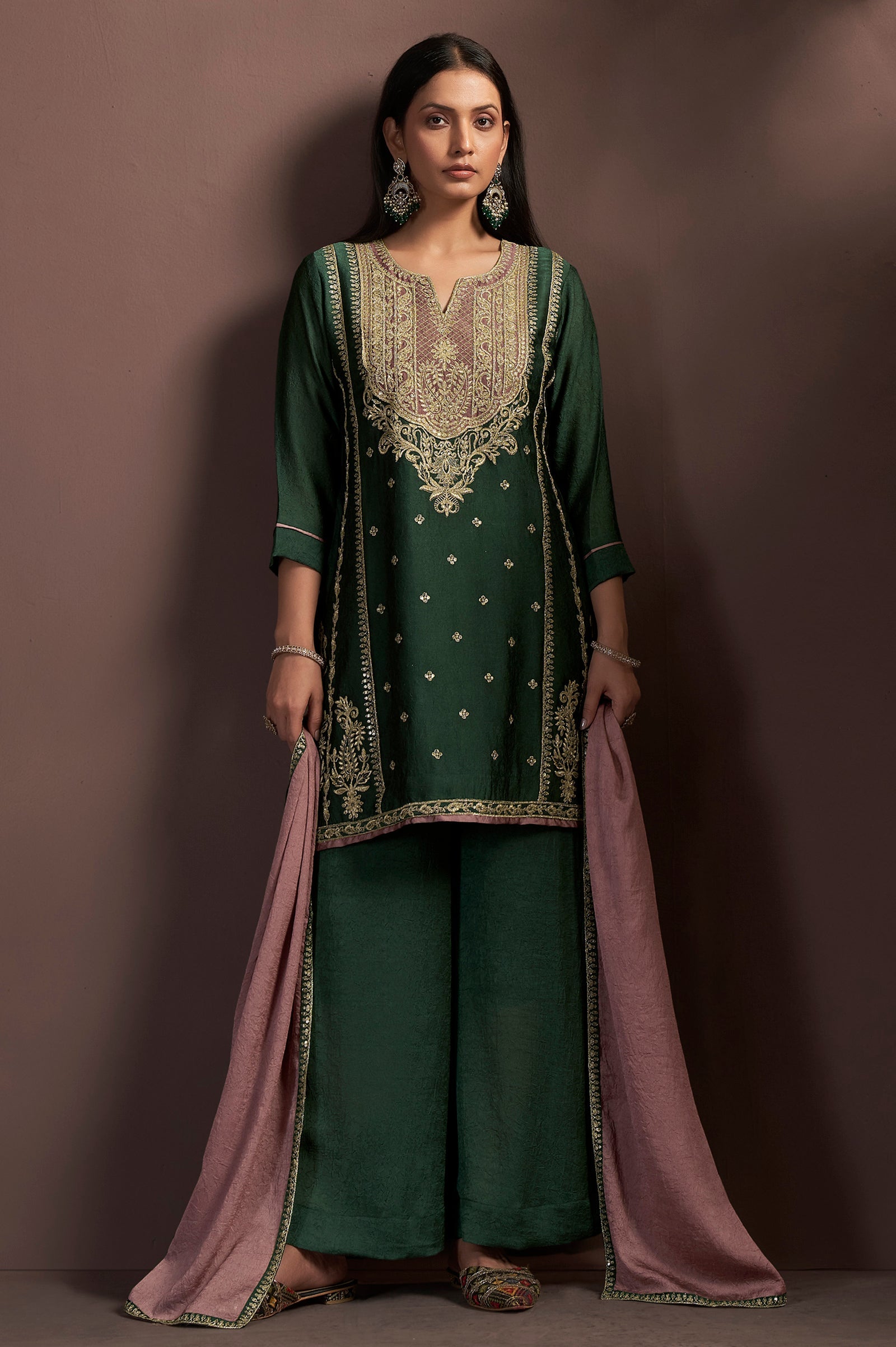 Emerald Aura Silk Blend Embroidered Palazzo Set