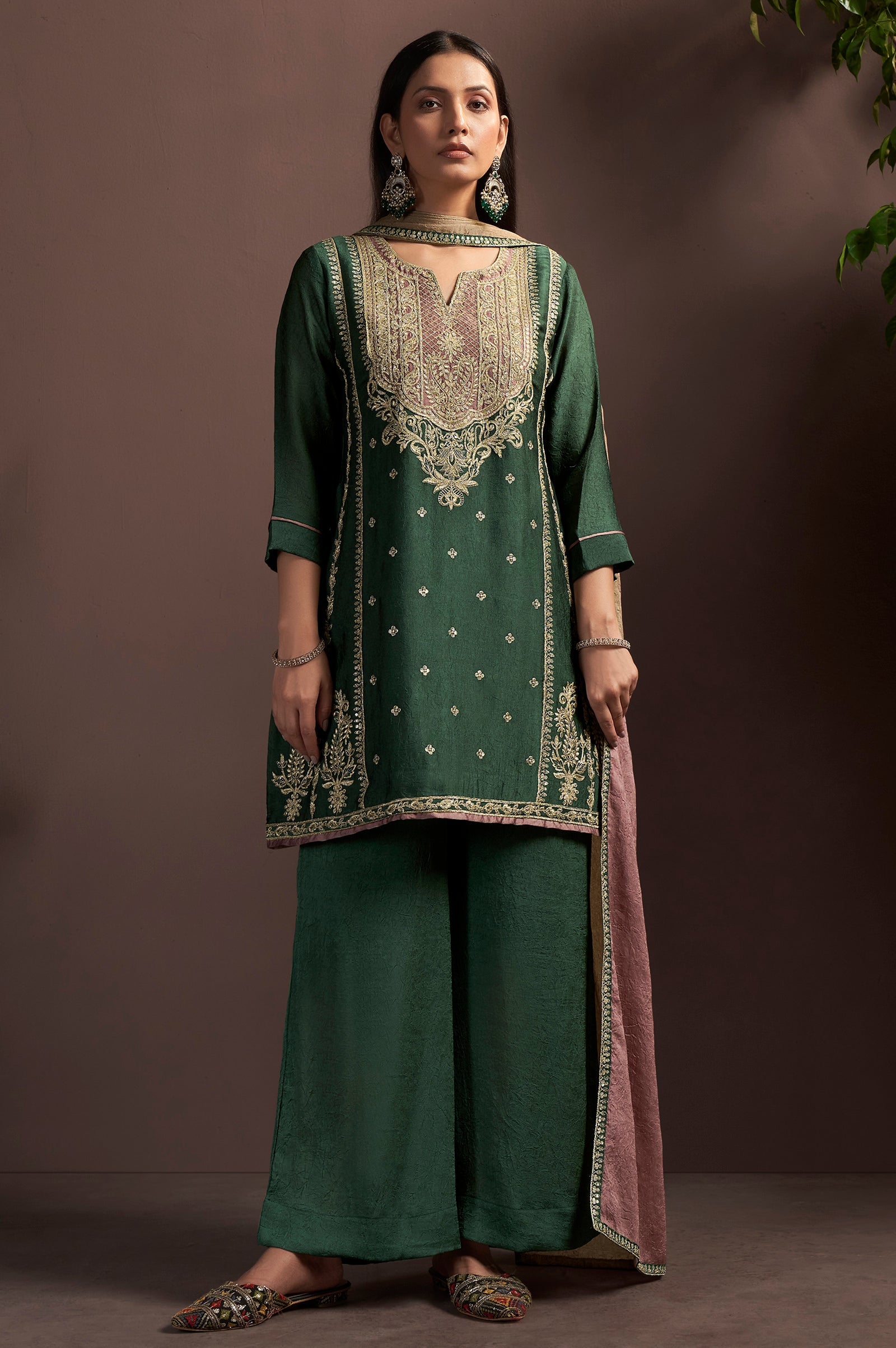 Emerald Aura Silk Blend Embroidered Palazzo Set