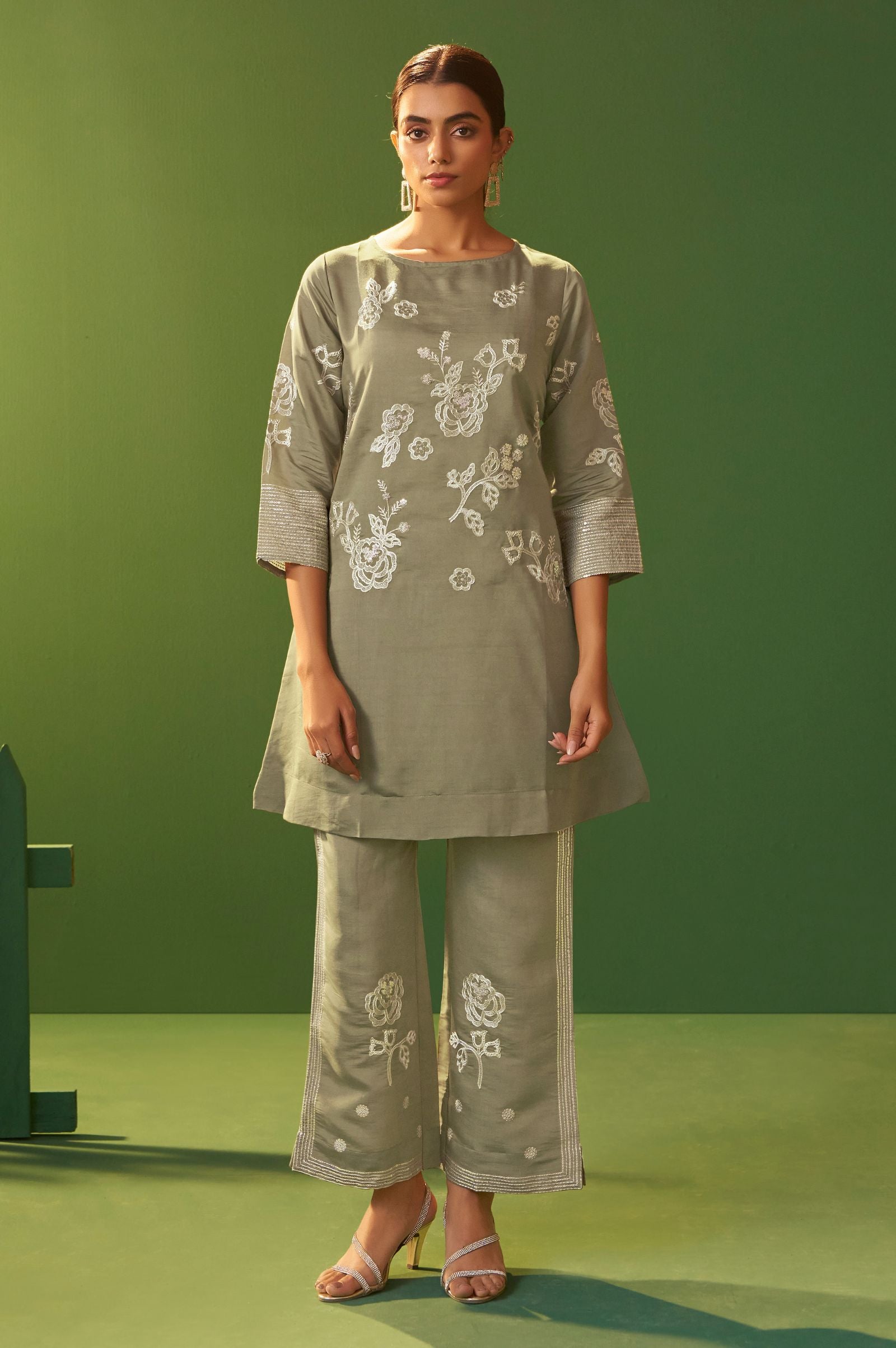 Silver Grace Embroidered Roman Silk Co-Ord Set