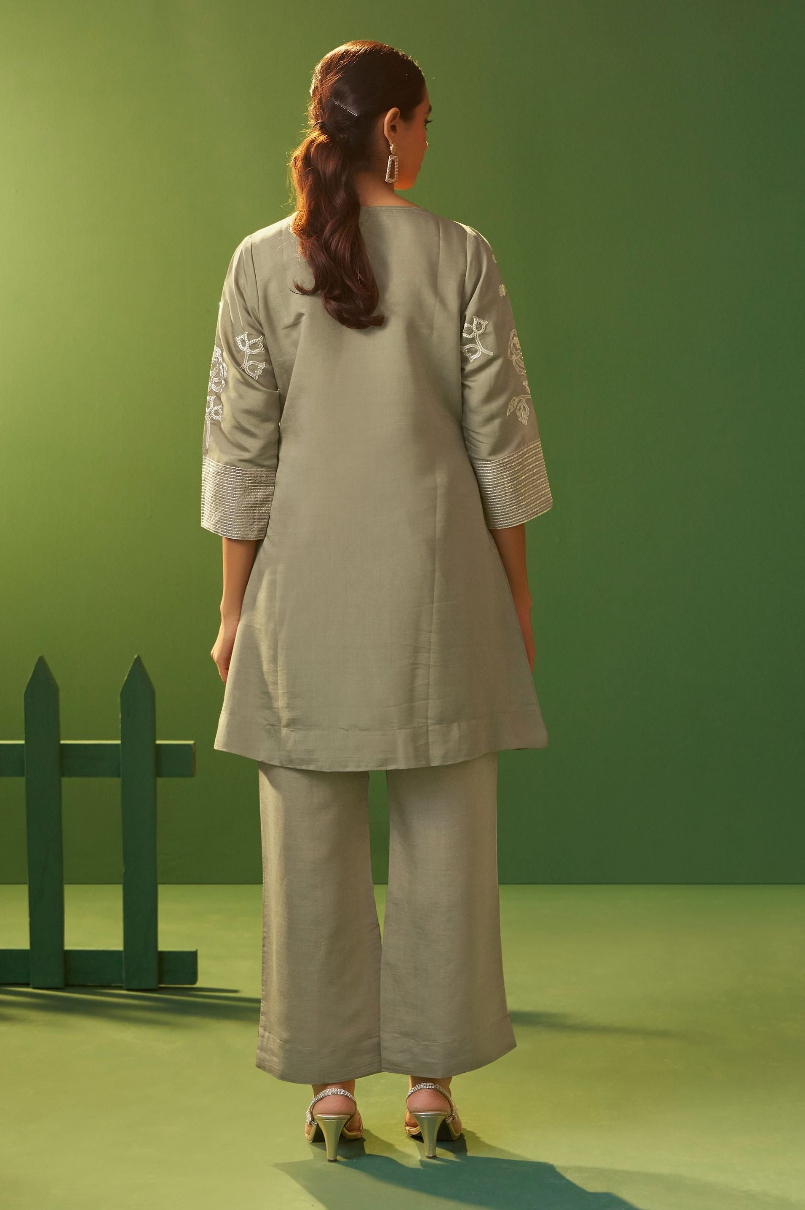 Silver Grace Embroidered Roman Silk Co-Ord Set