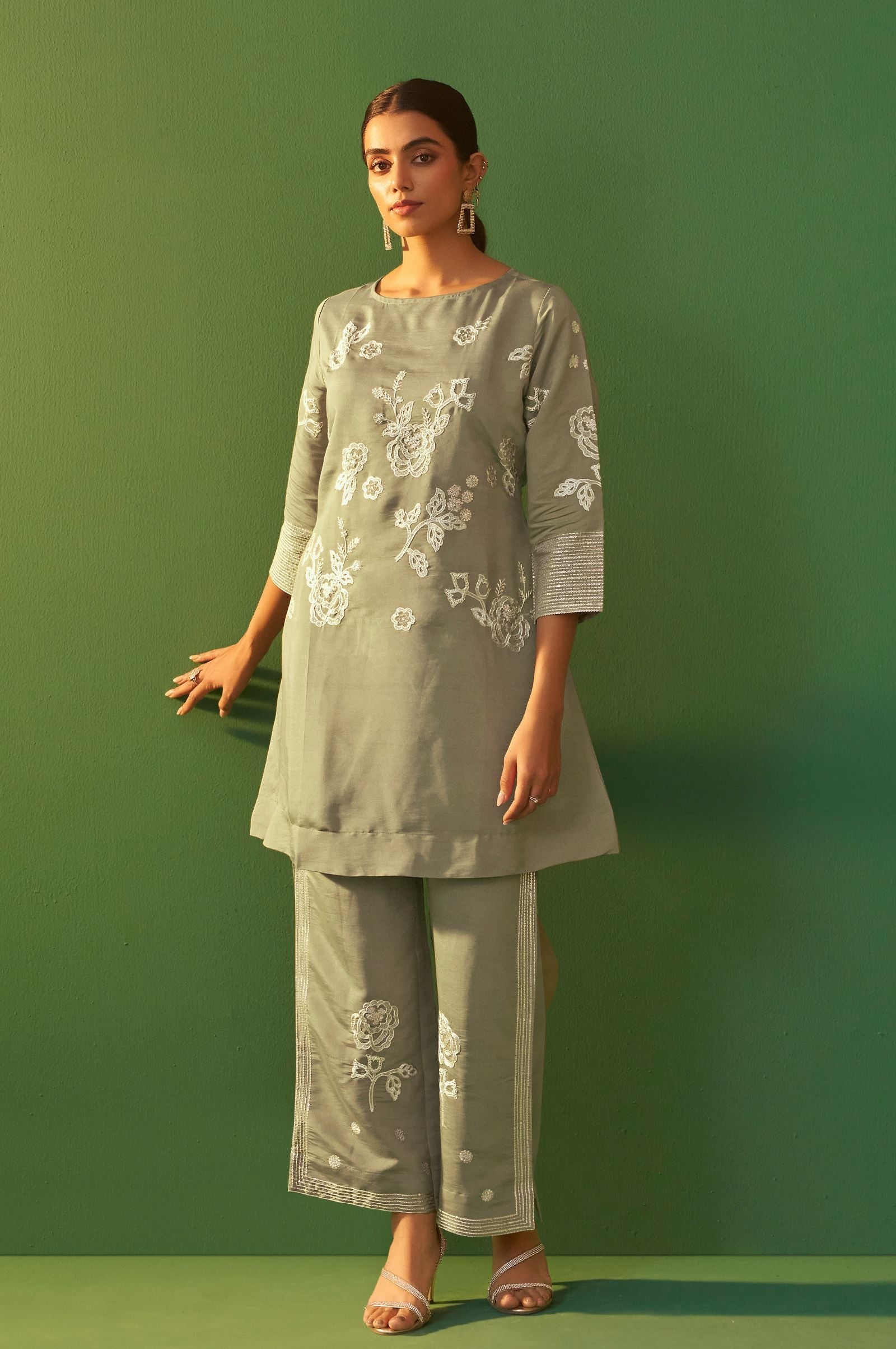 Silver Grace Embroidered Roman Silk Co-Ord Set
