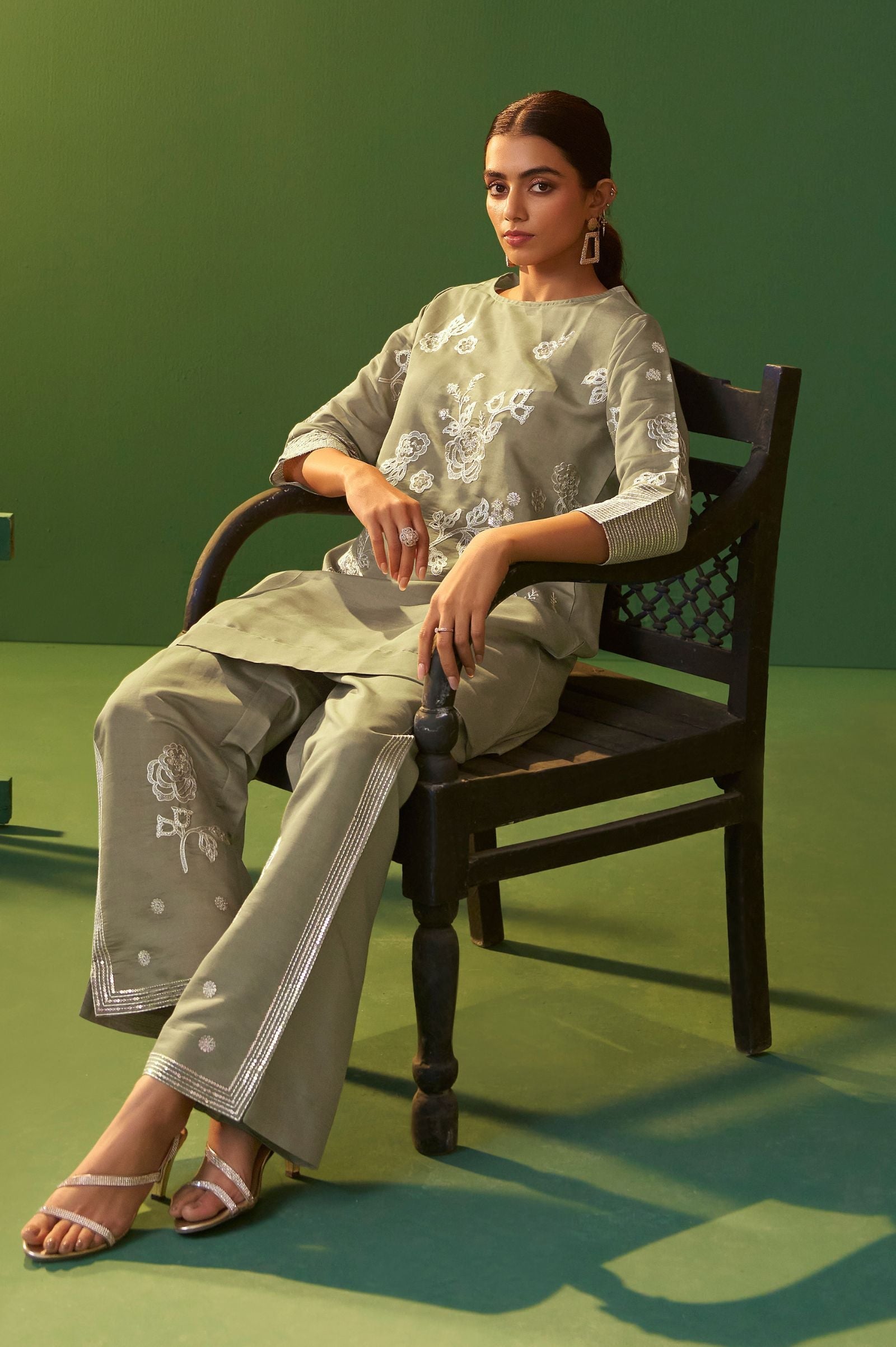 Silver Grace Embroidered Roman Silk Co-Ord Set