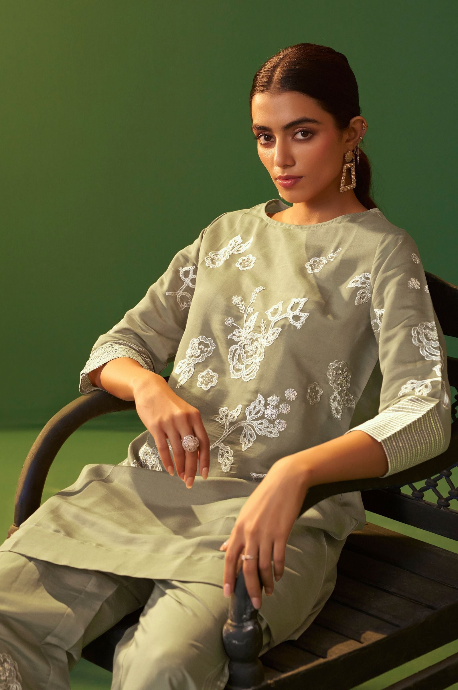 Silver Grace Embroidered Roman Silk Co-Ord Set