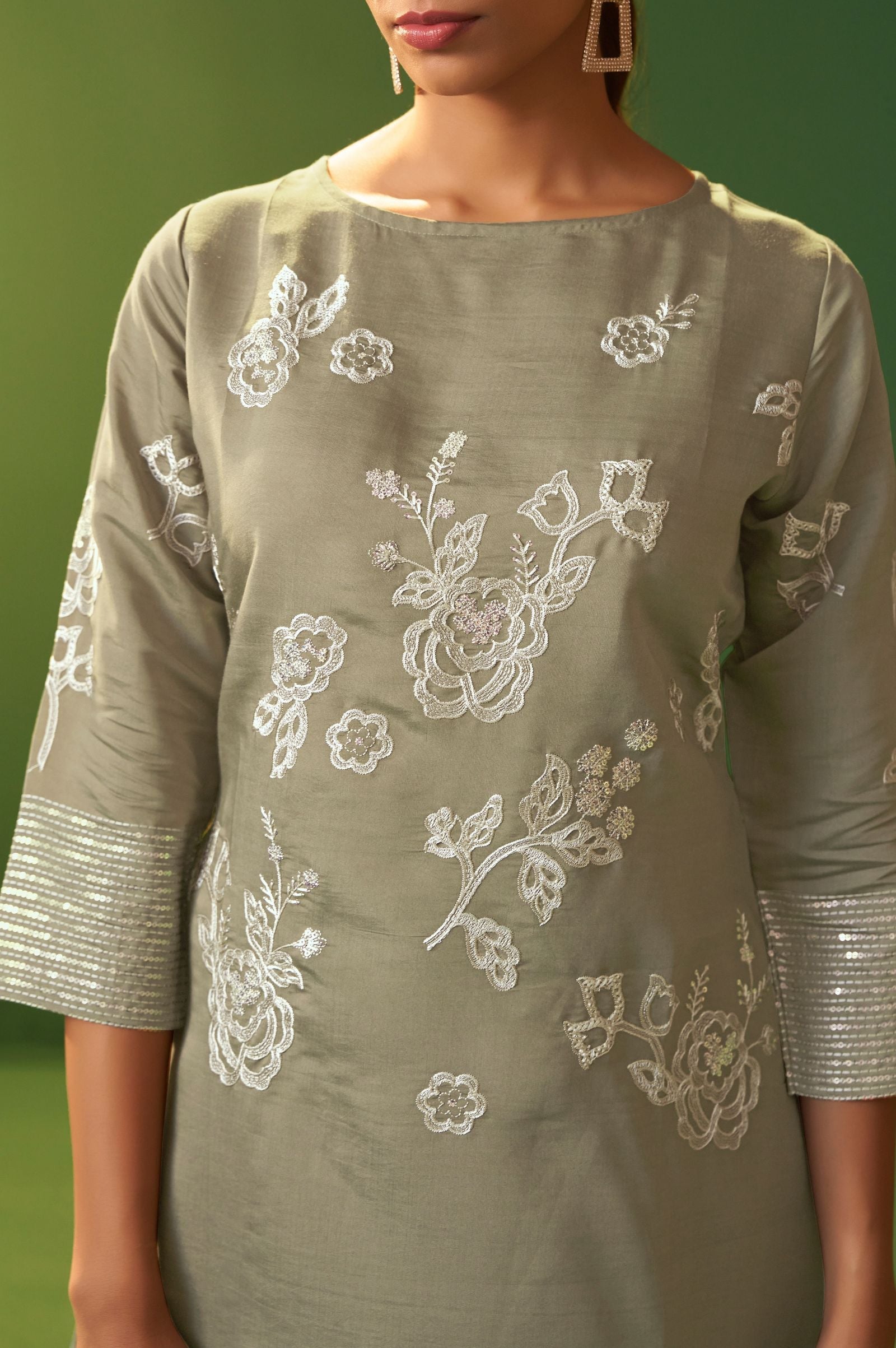 Silver Grace Embroidered Roman Silk Co-Ord Set