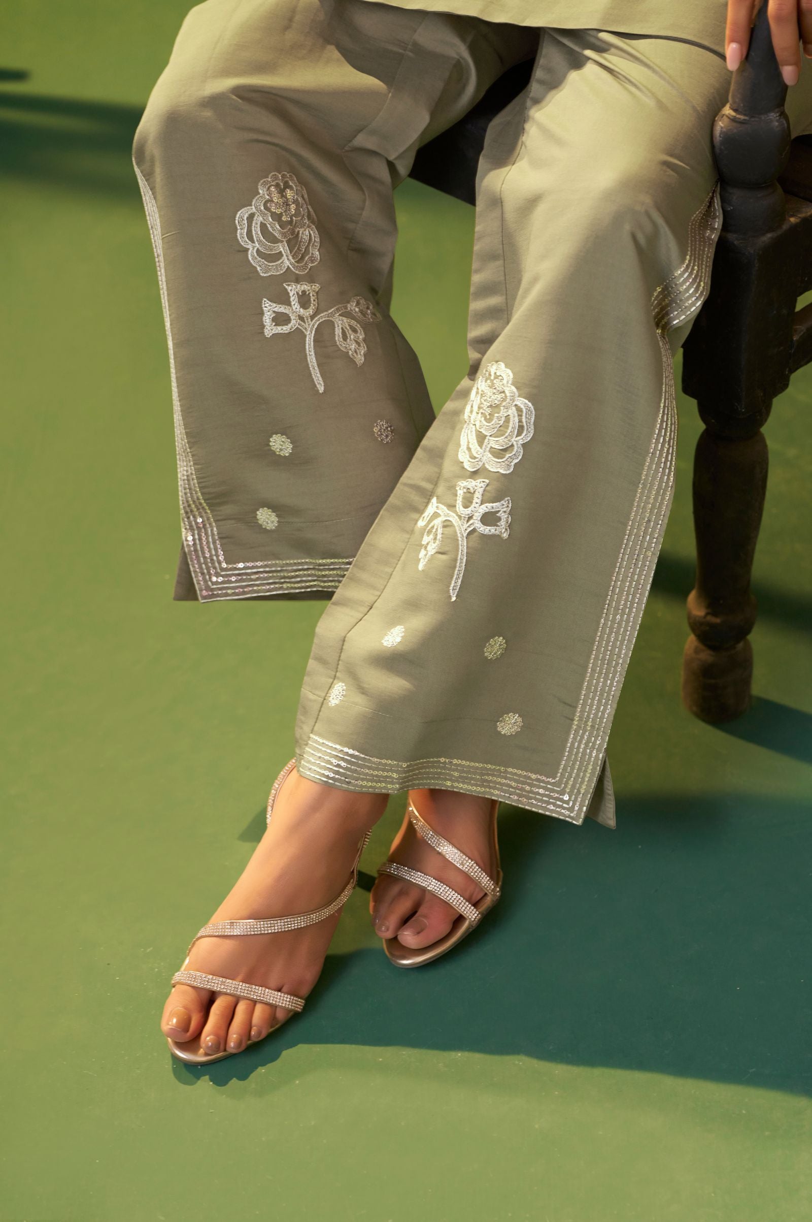 Silver Grace Embroidered Roman Silk Co-Ord Set