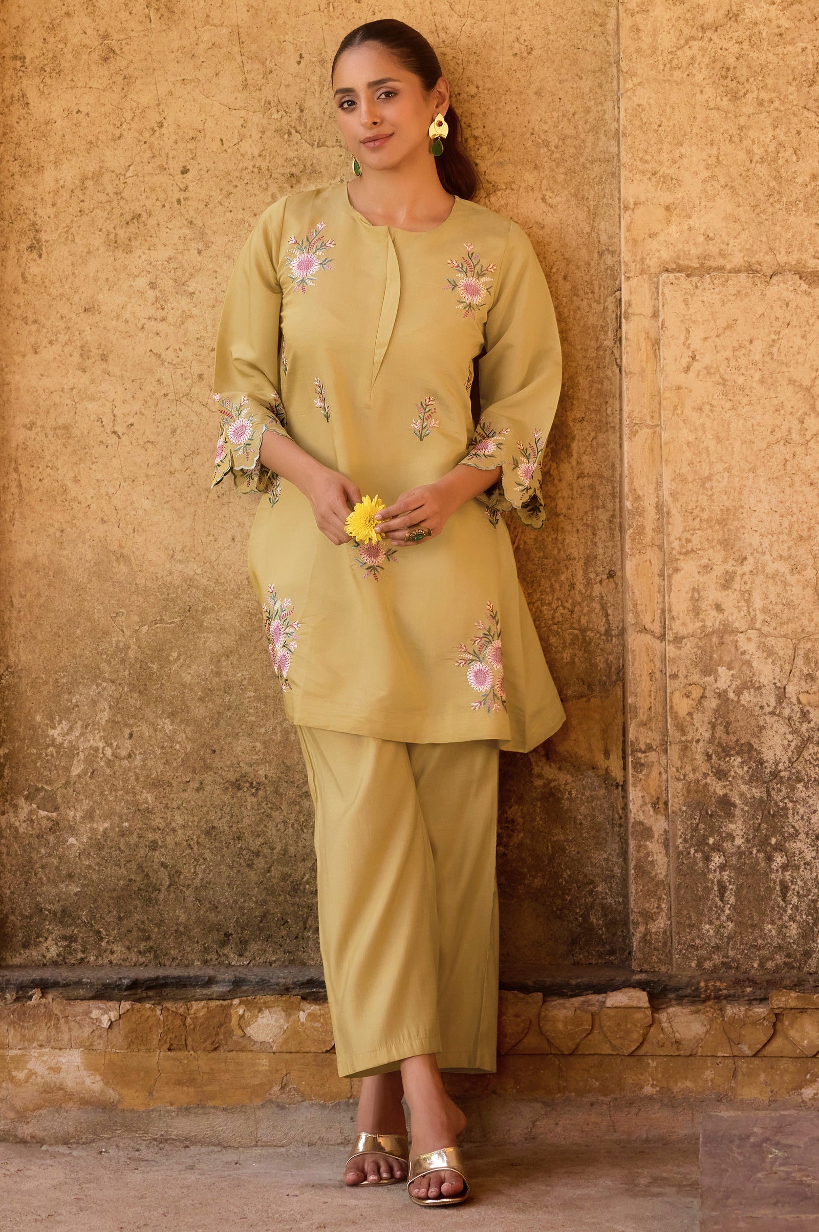 Sunlit Grace Embroidered Roman Silk Co-Ord Set