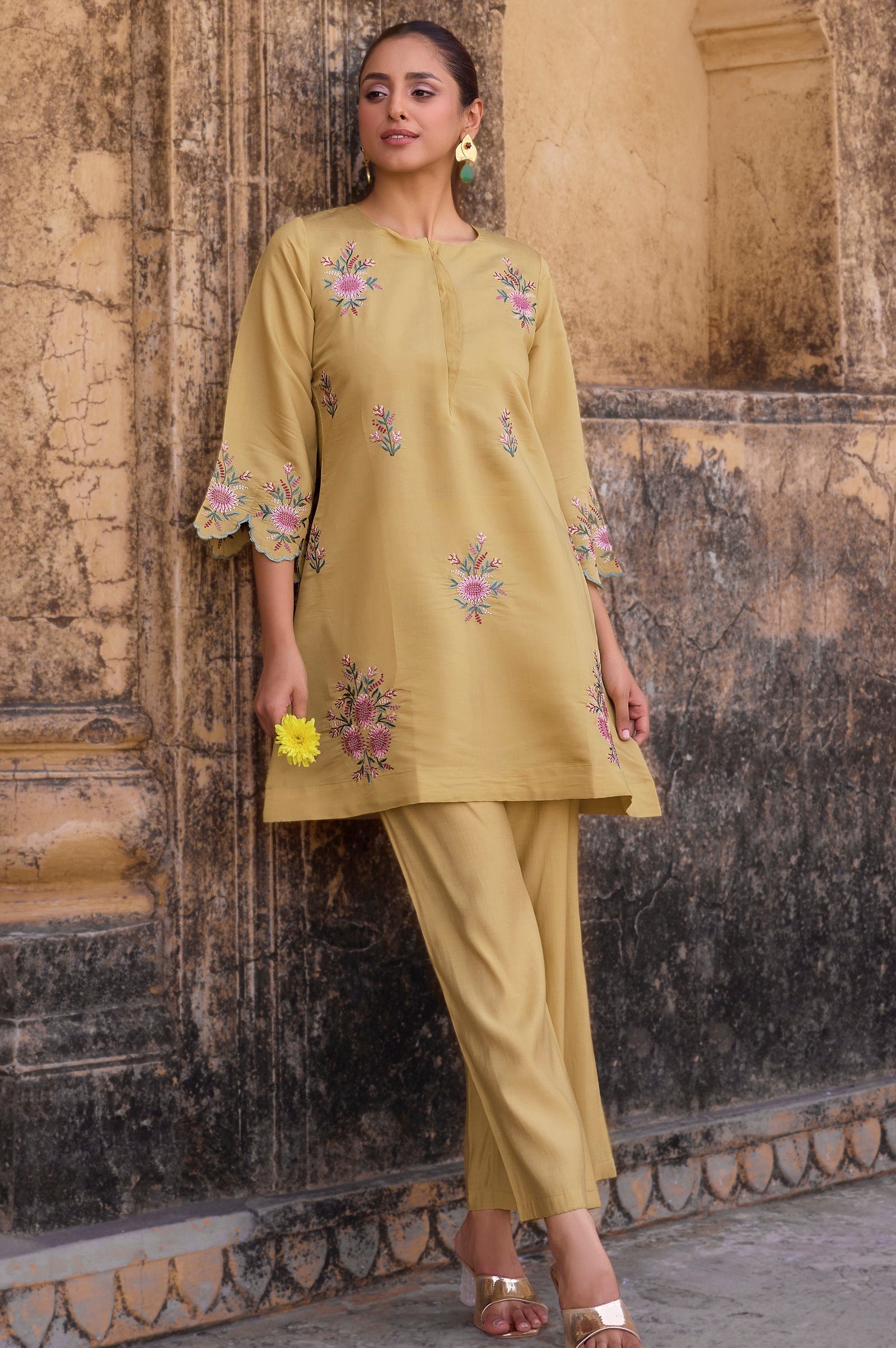 Sunlit Grace Embroidered Roman Silk Co-Ord Set