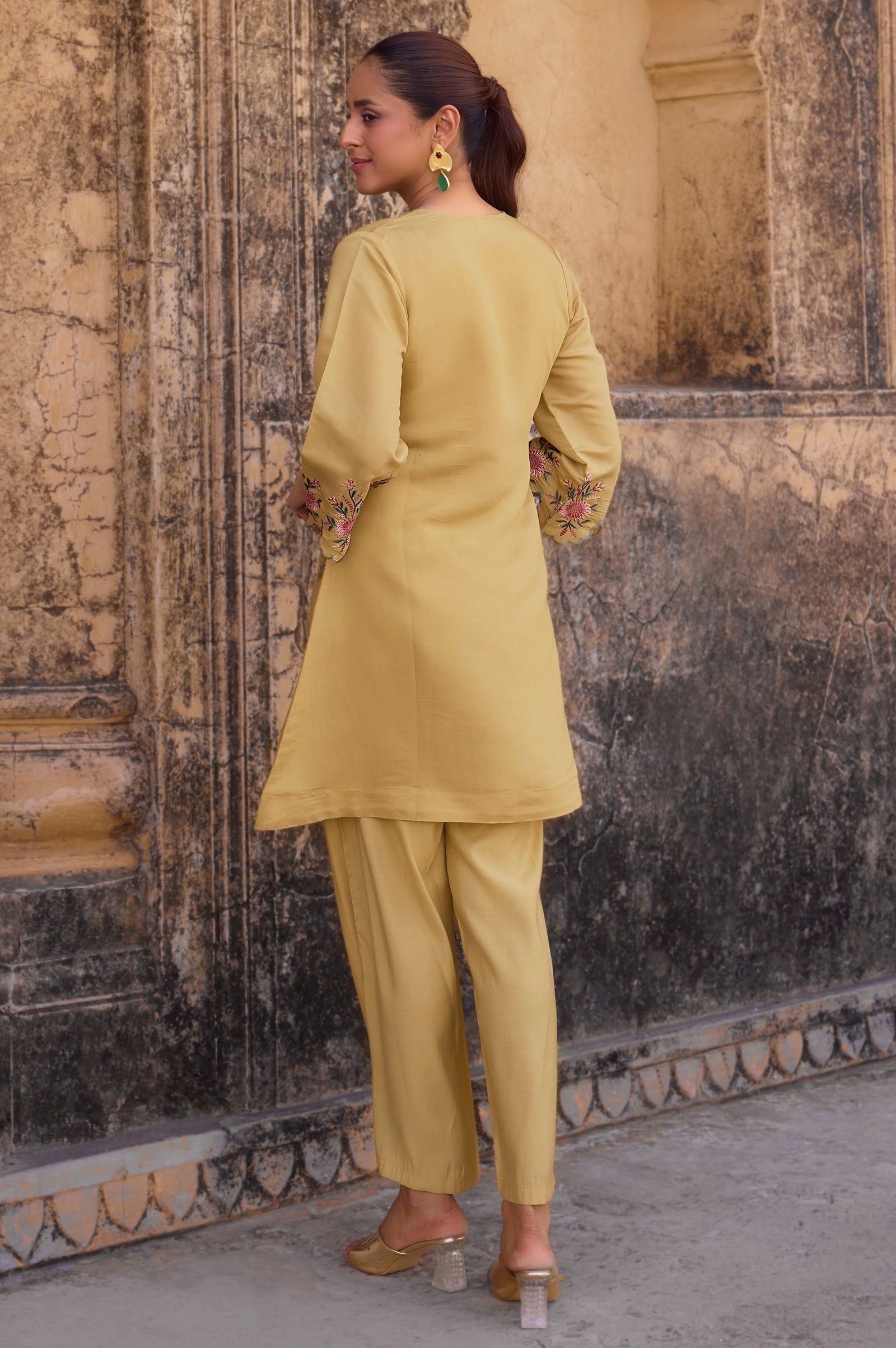 Sunlit Grace Embroidered Roman Silk Co-Ord Set
