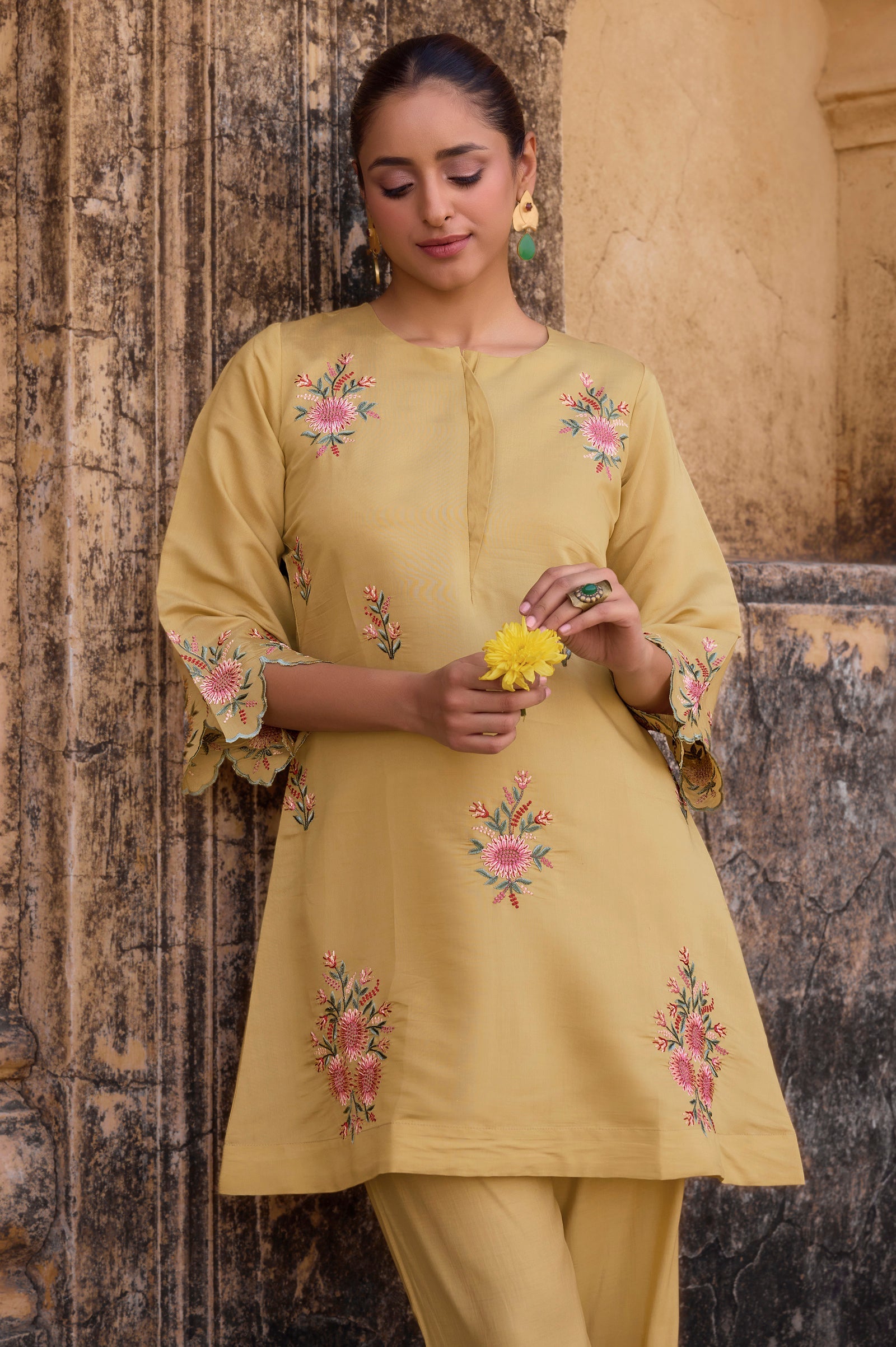 Sunlit Grace Embroidered Roman Silk Co-Ord Set