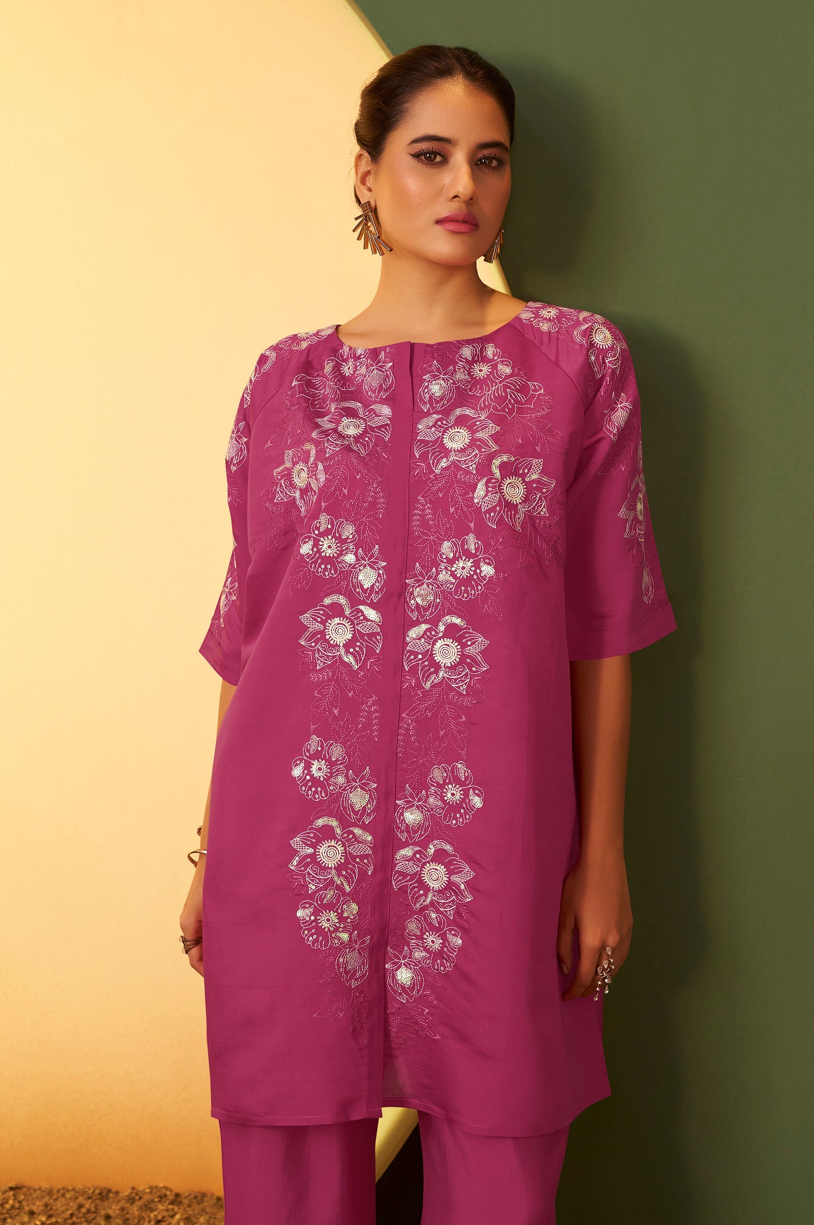 Blush Pearl Embroidered Roman Silk Co-Ord Set