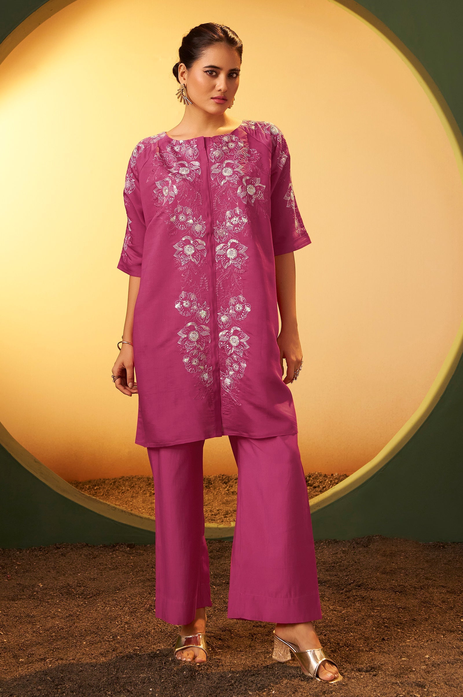 Blush Pearl Embroidered Roman Silk Co-Ord Set