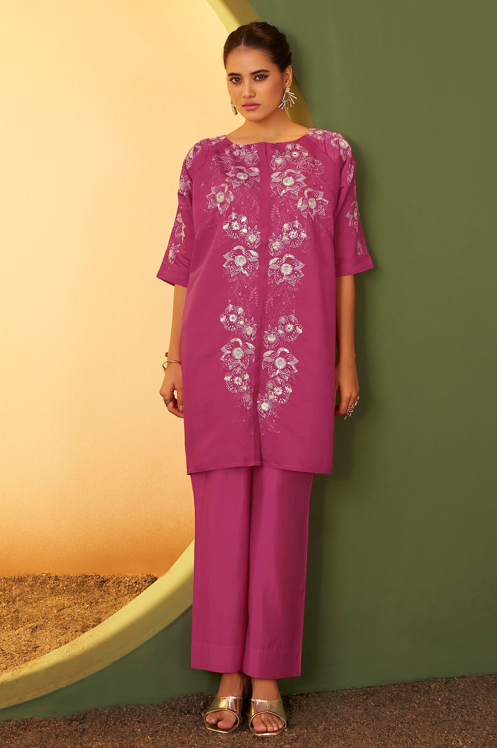Blush Pearl Embroidered Roman Silk Co-Ord Set