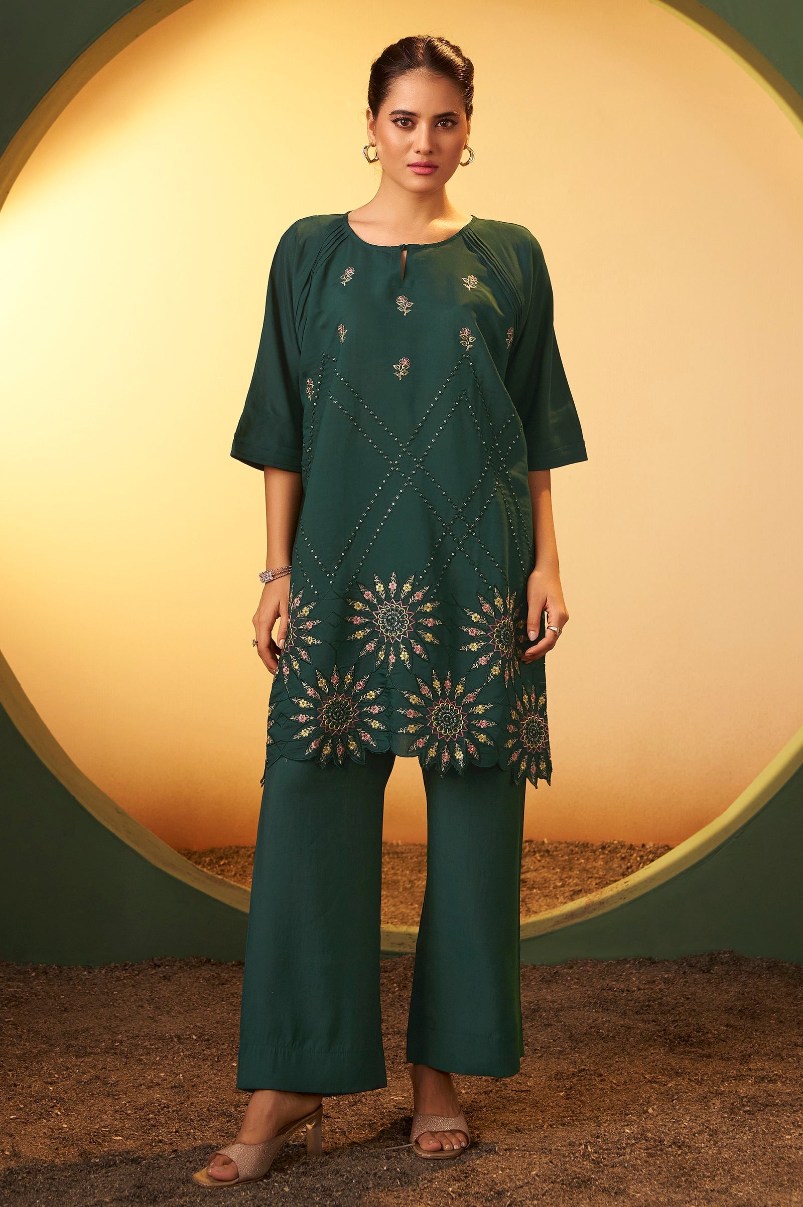 Emerald Bloom Embroidered Roman Silk Co-Ord Set