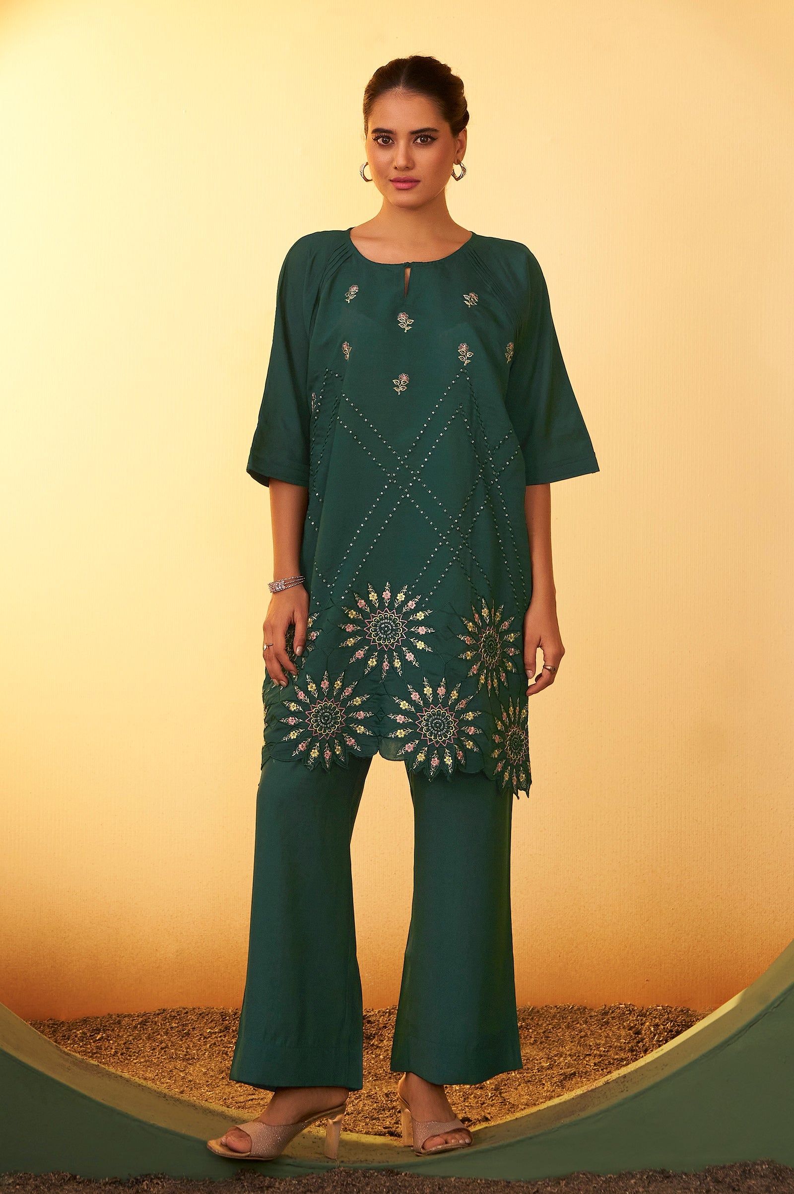Emerald Bloom Embroidered Roman Silk Co-Ord Set