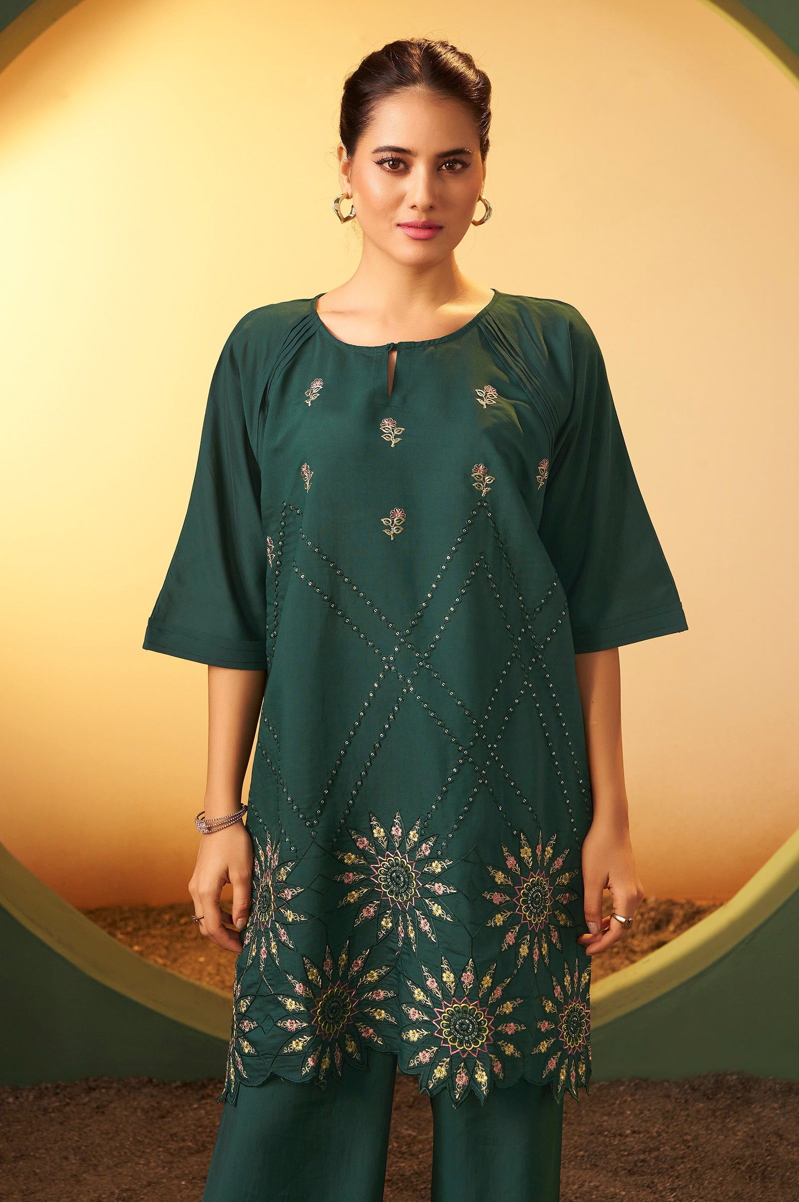 Emerald Bloom Embroidered Roman Silk Co-Ord Set