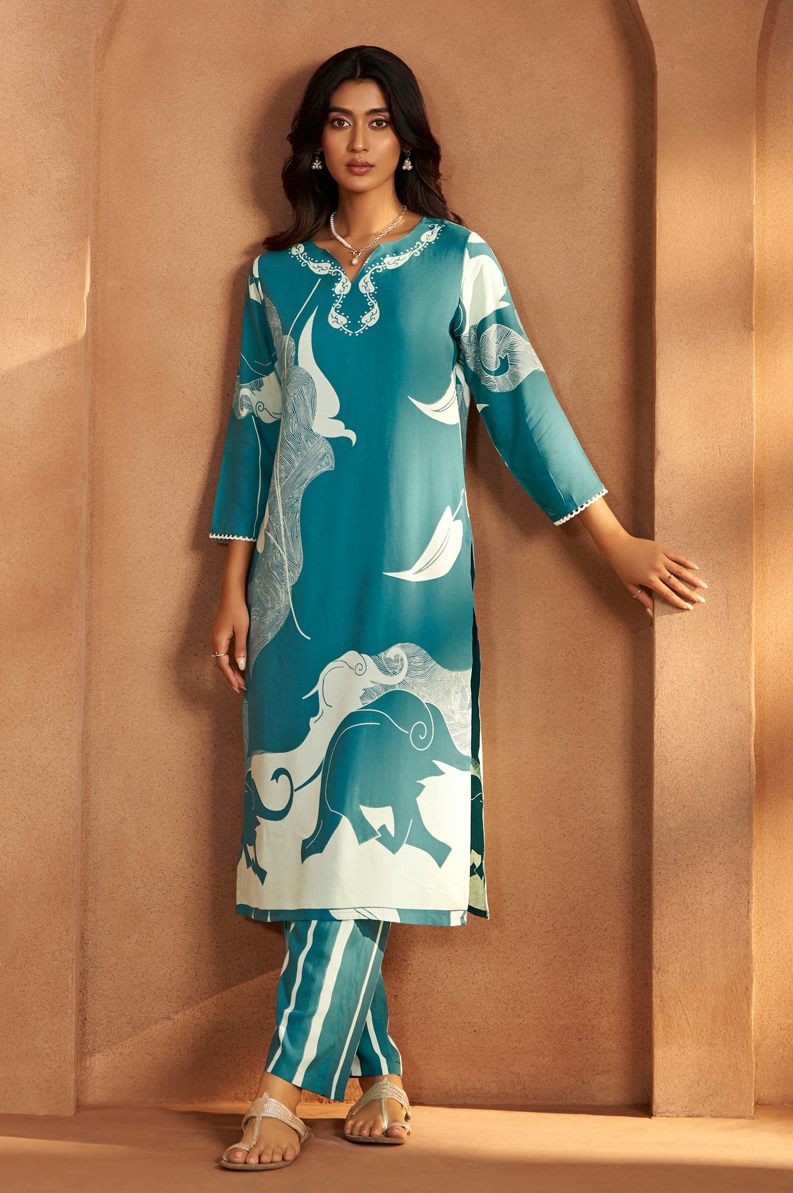 Turquoise Bloom Printed Rayon Kurta Set