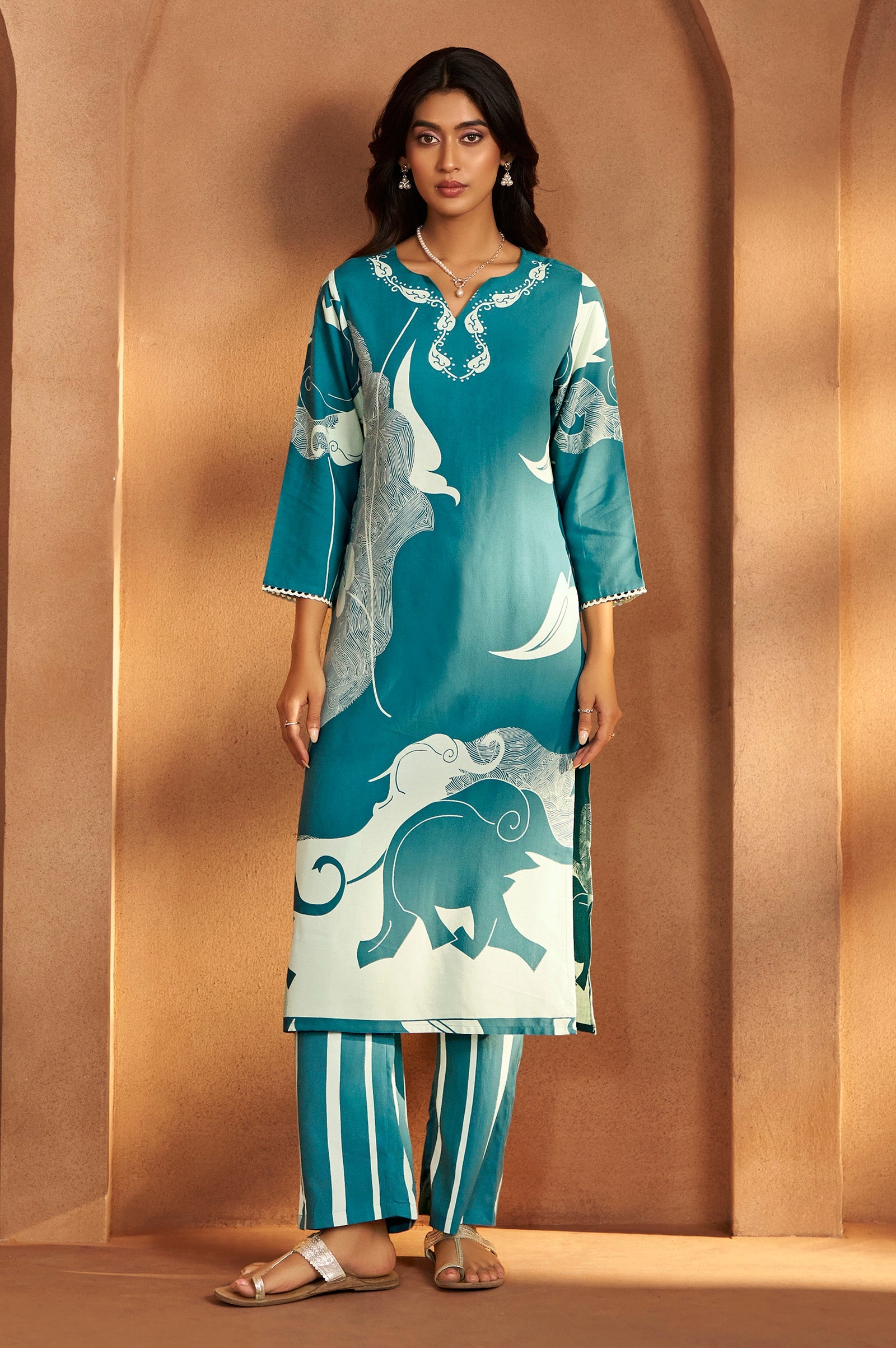 Turquoise Bloom Printed Rayon Kurta Set