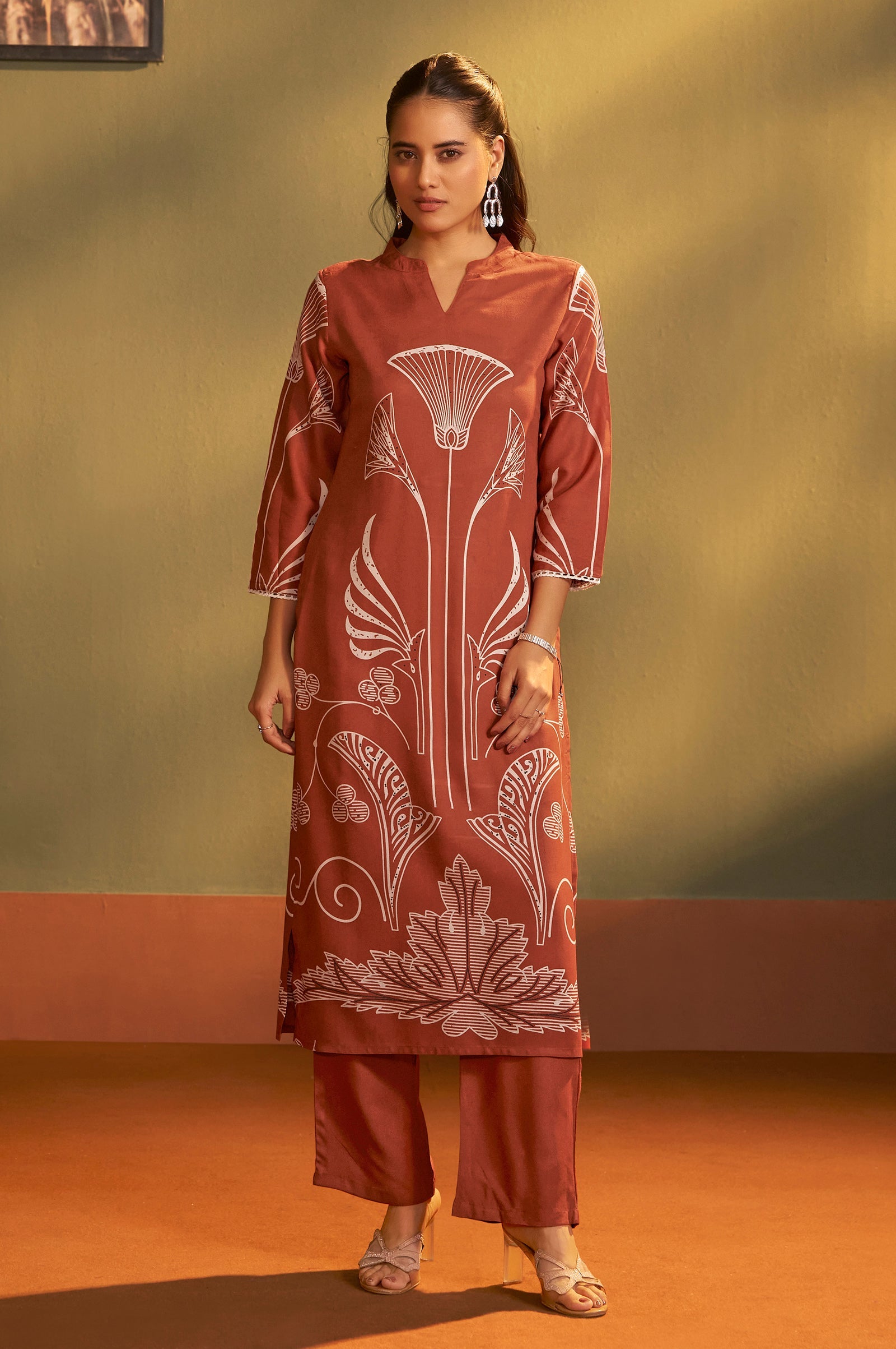 Rust Blossom Printed Rayon Kurta Set