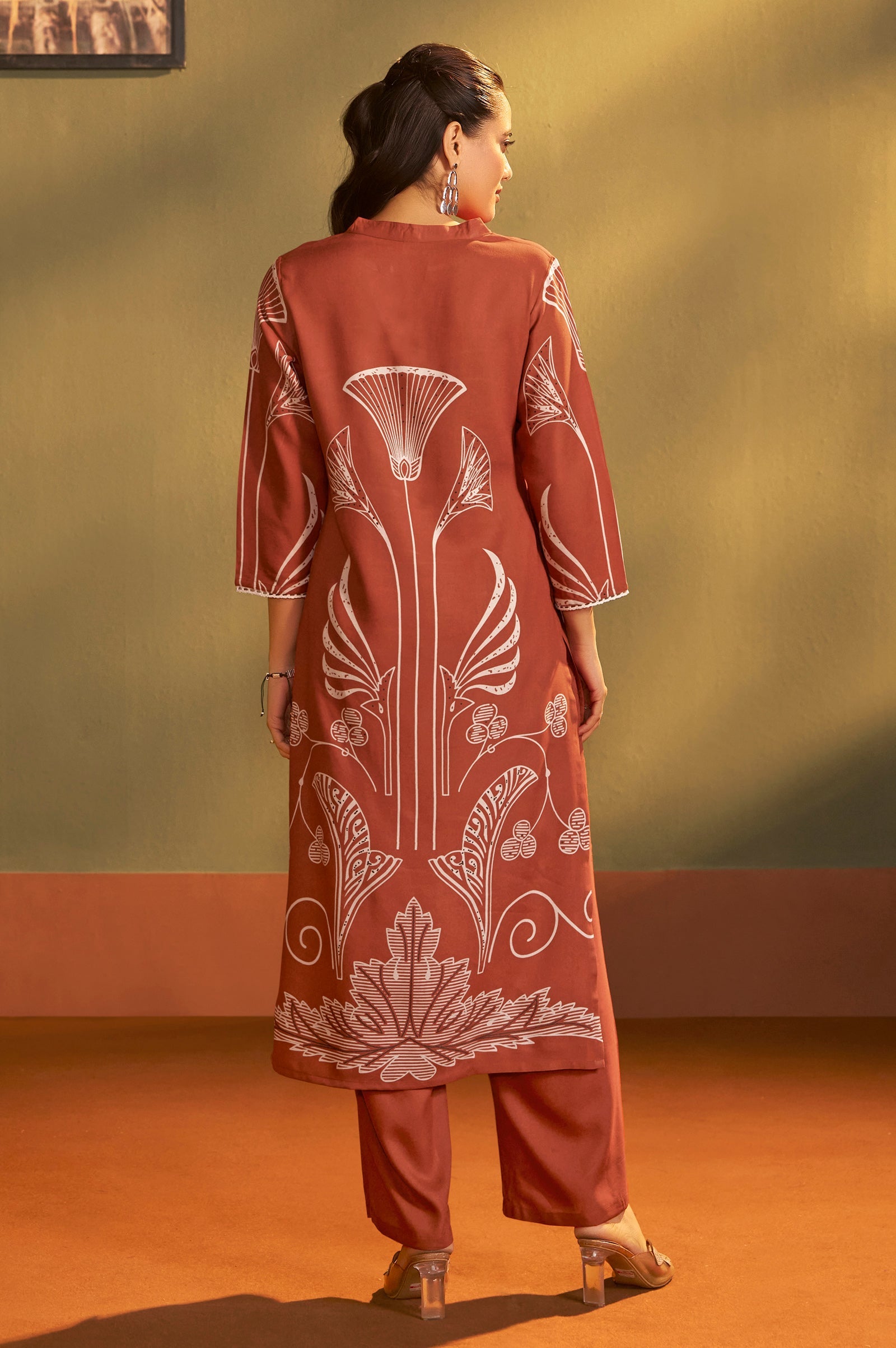 Rust Blossom Printed Rayon Kurta Set