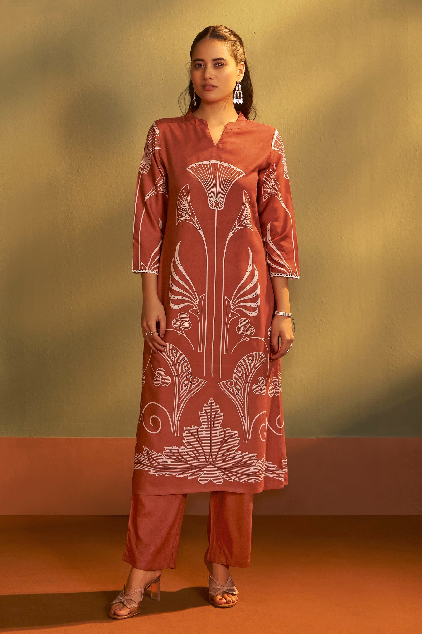 Rust Blossom Printed Rayon Kurta Set