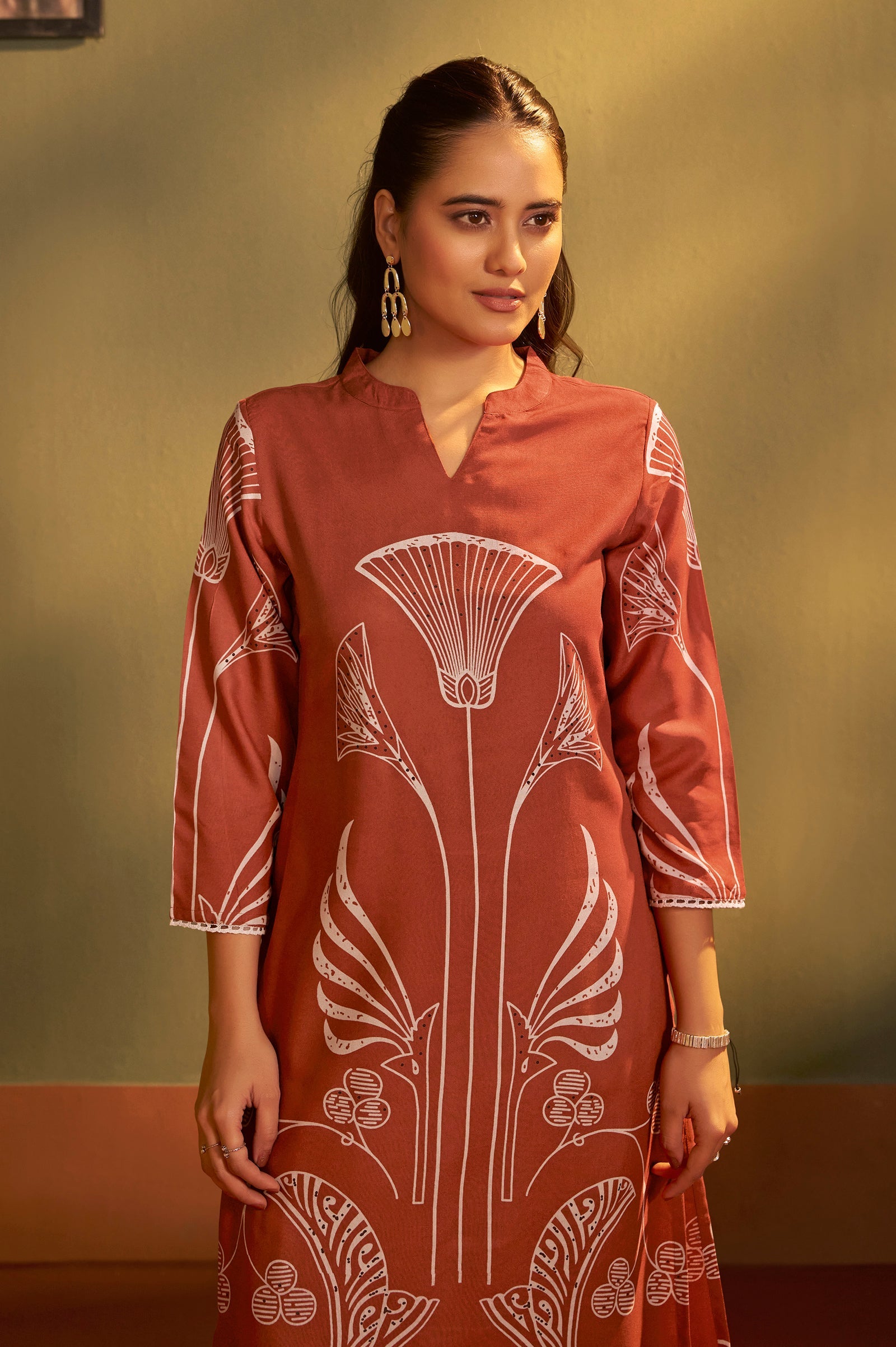 Rust Blossom Printed Rayon Kurta Set