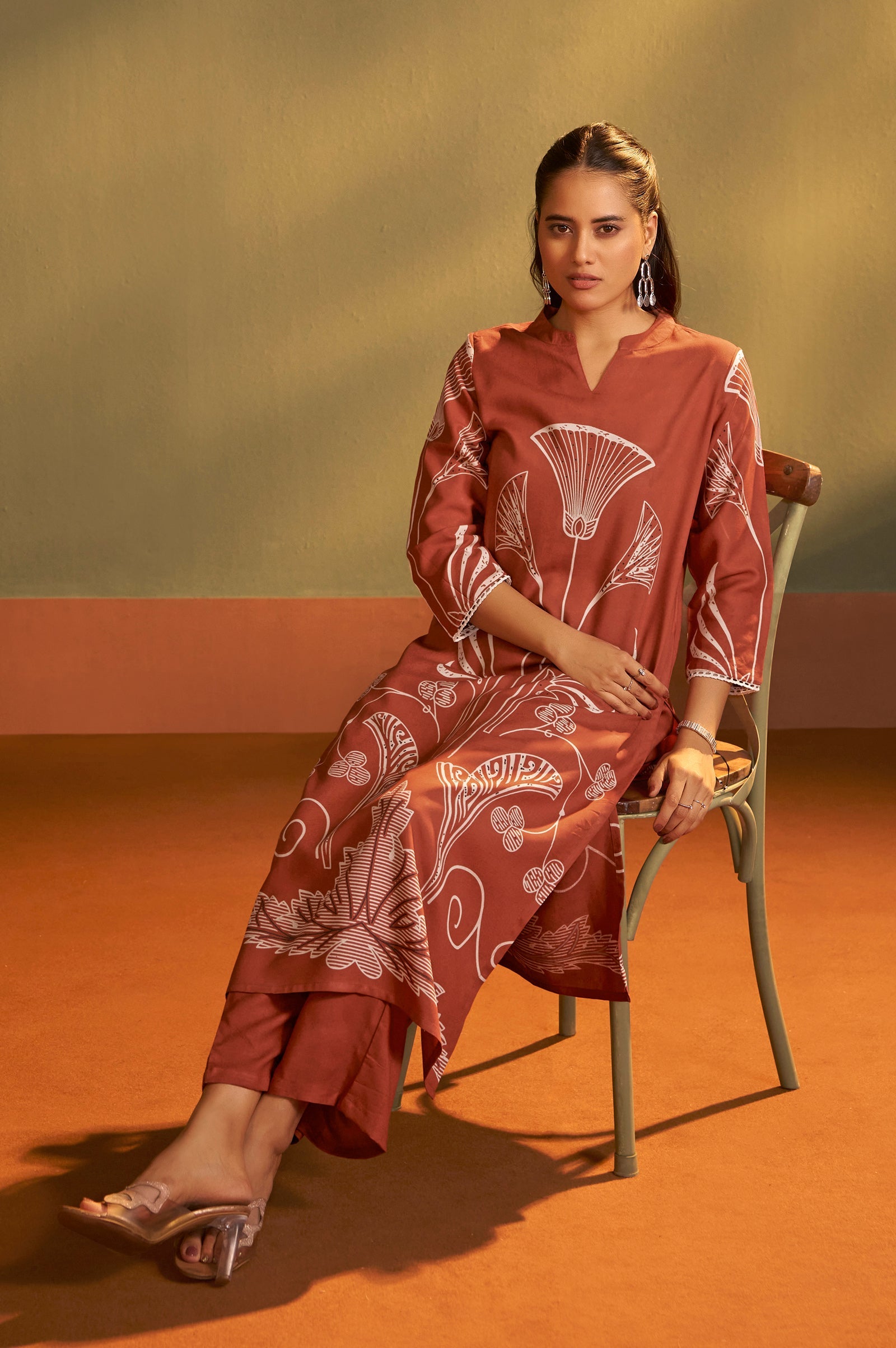 Rust Blossom Printed Rayon Kurta Set