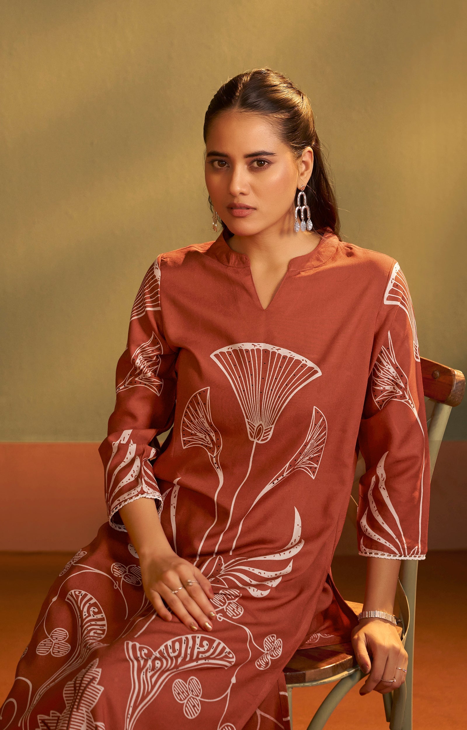 Rust Blossom Printed Rayon Kurta Set