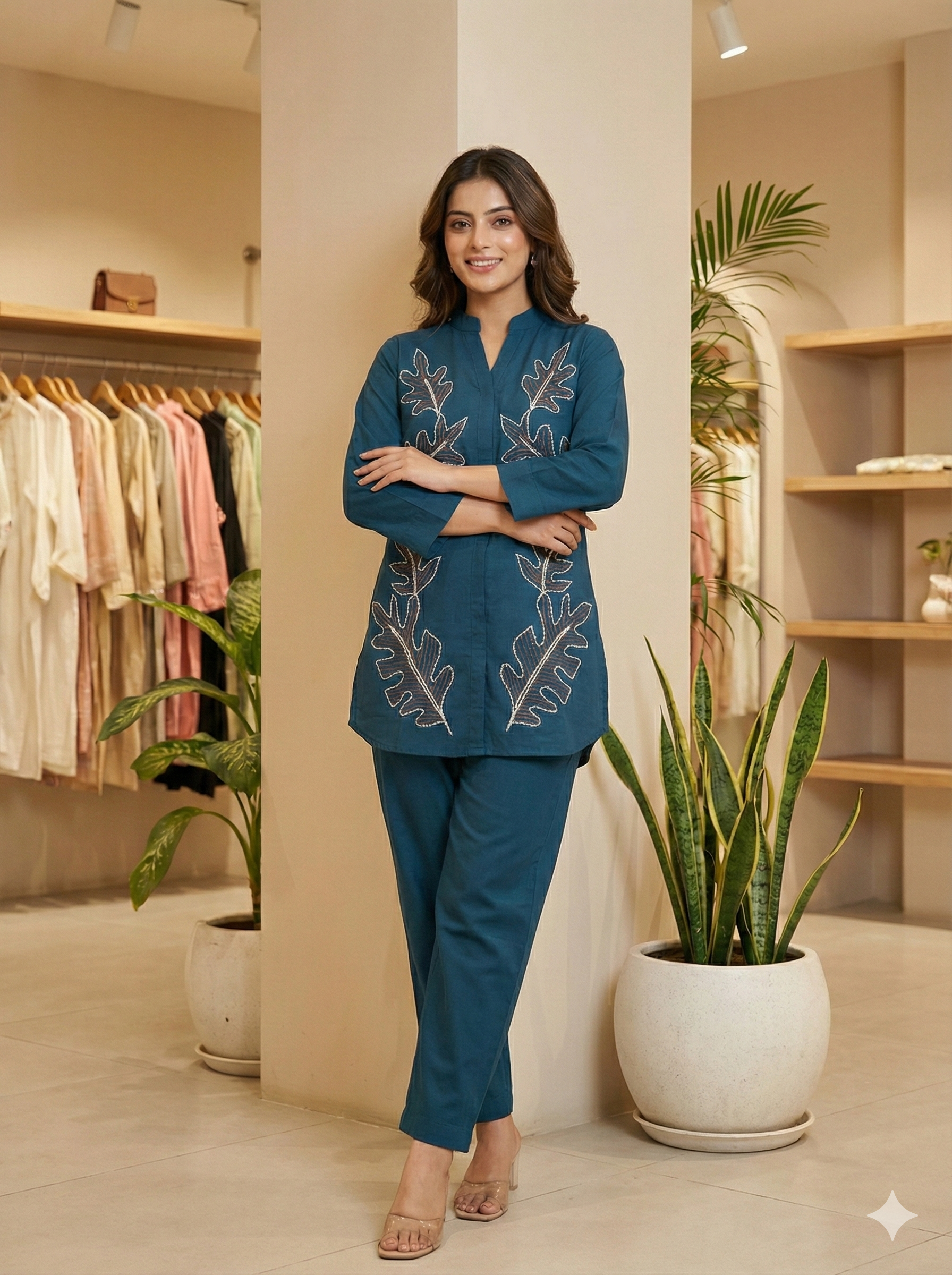 Teal Leaf Embroidered Cord Set