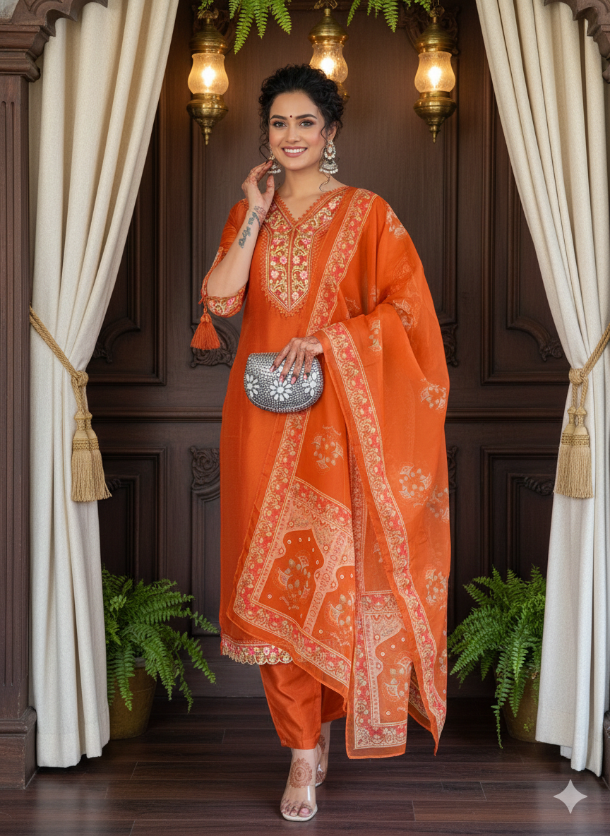 Kesari Noor Embroidered Kurta Set with Jacquard Dupatta
