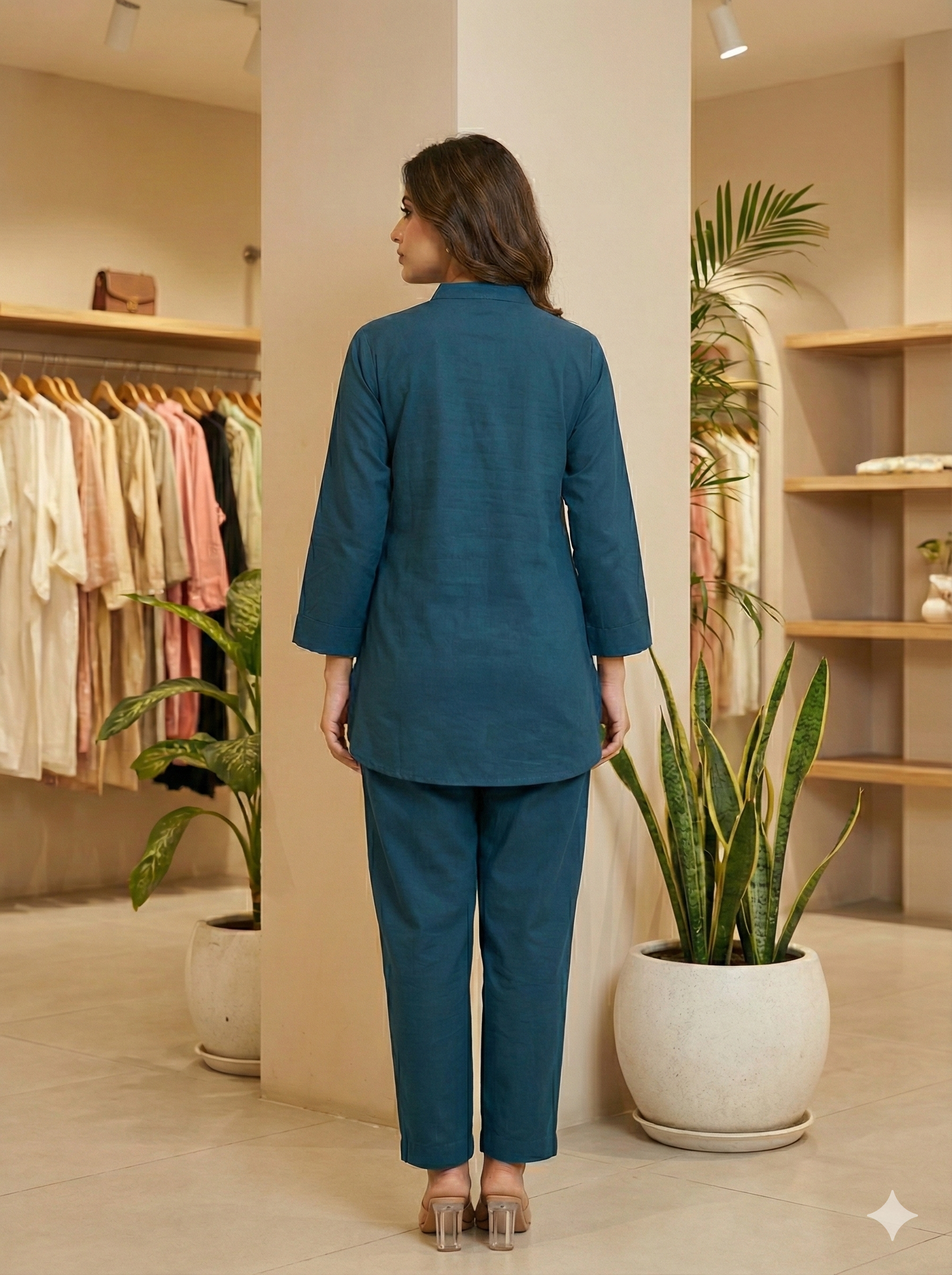 Teal Leaf Embroidered Cord Set