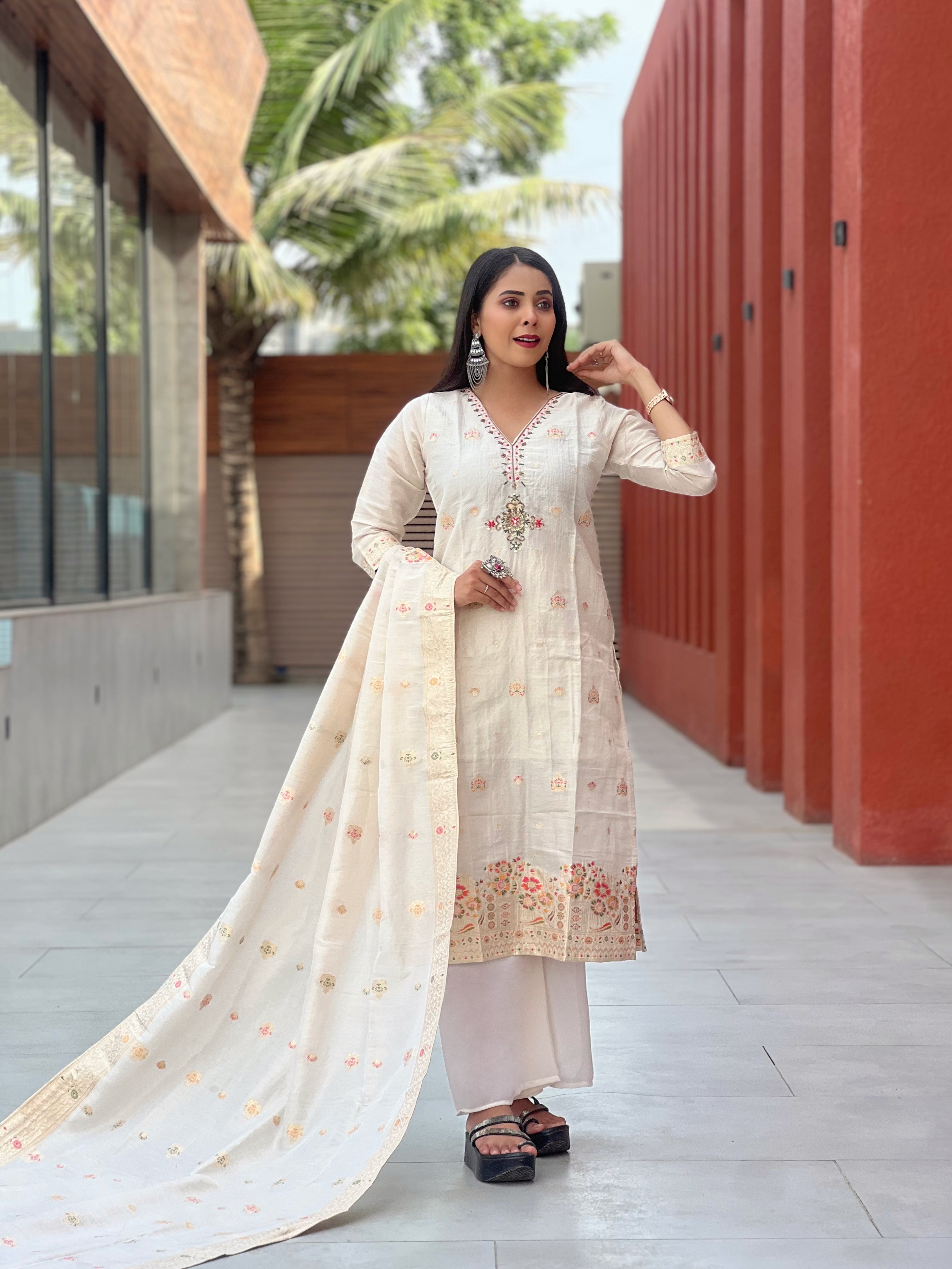 Gauri Ivory Embroidered Chanderi Suit Set
