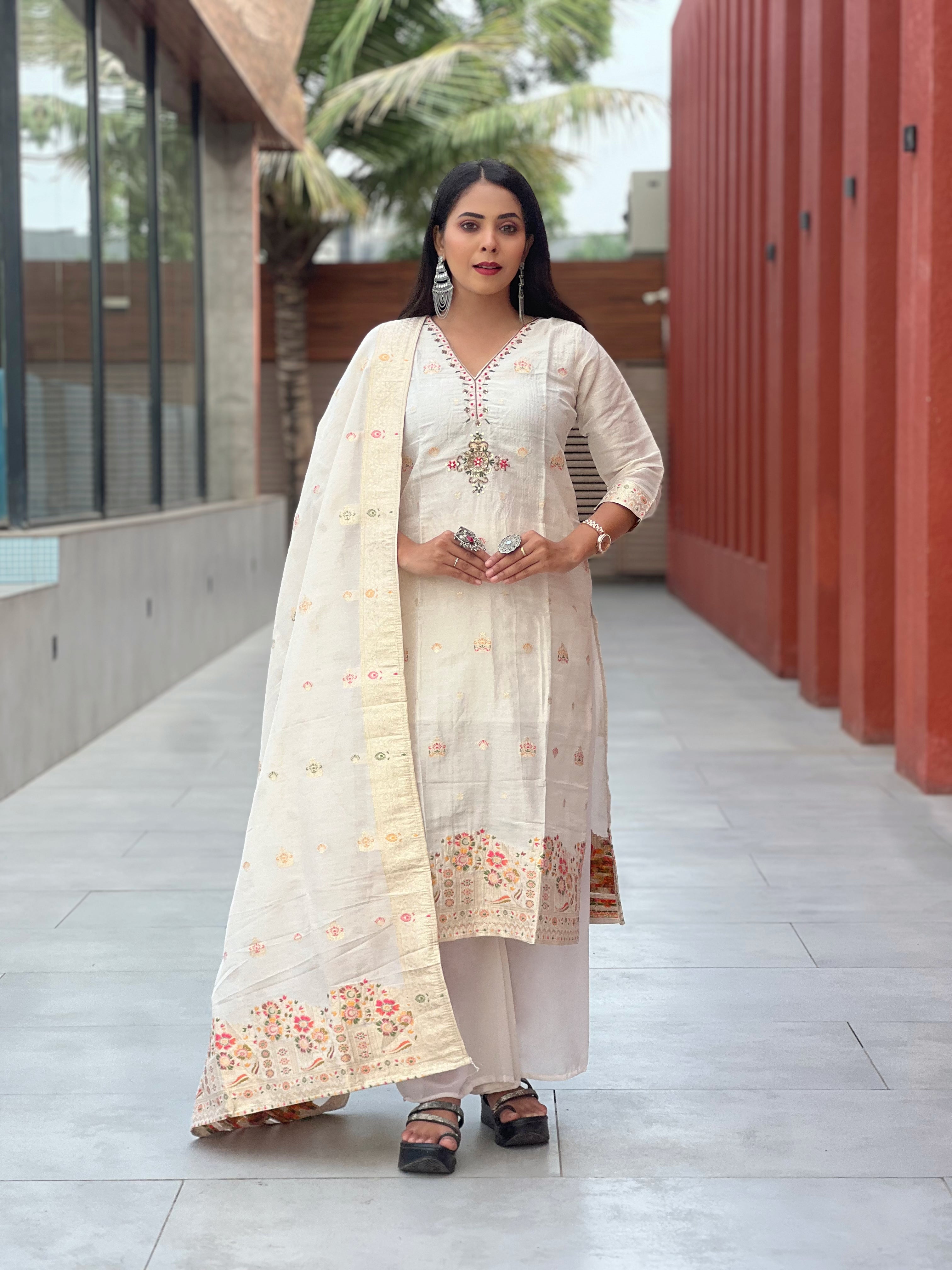 Gauri Ivory Embroidered Chanderi Suit Set
