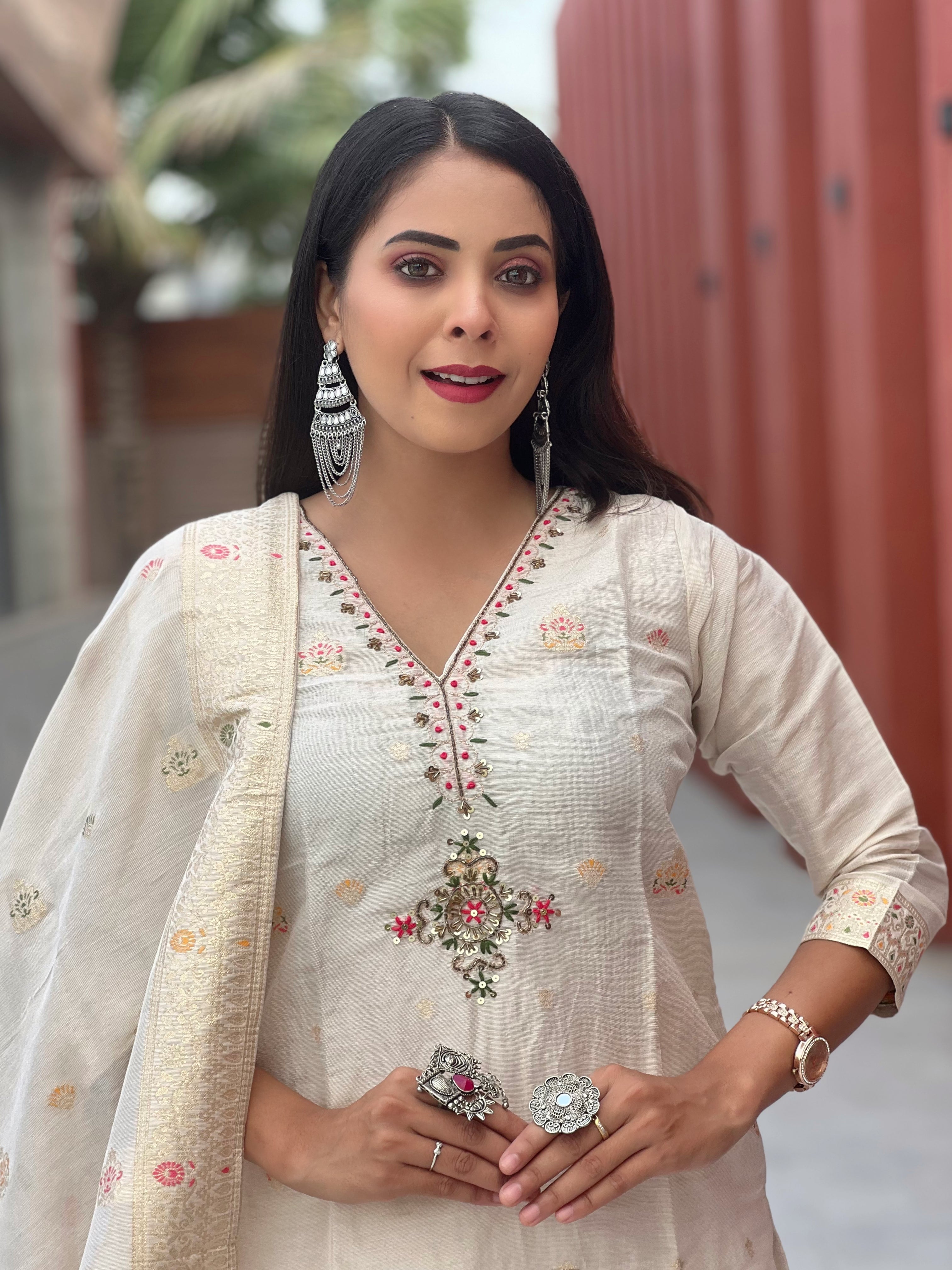 Gauri Ivory Embroidered Chanderi Suit Set