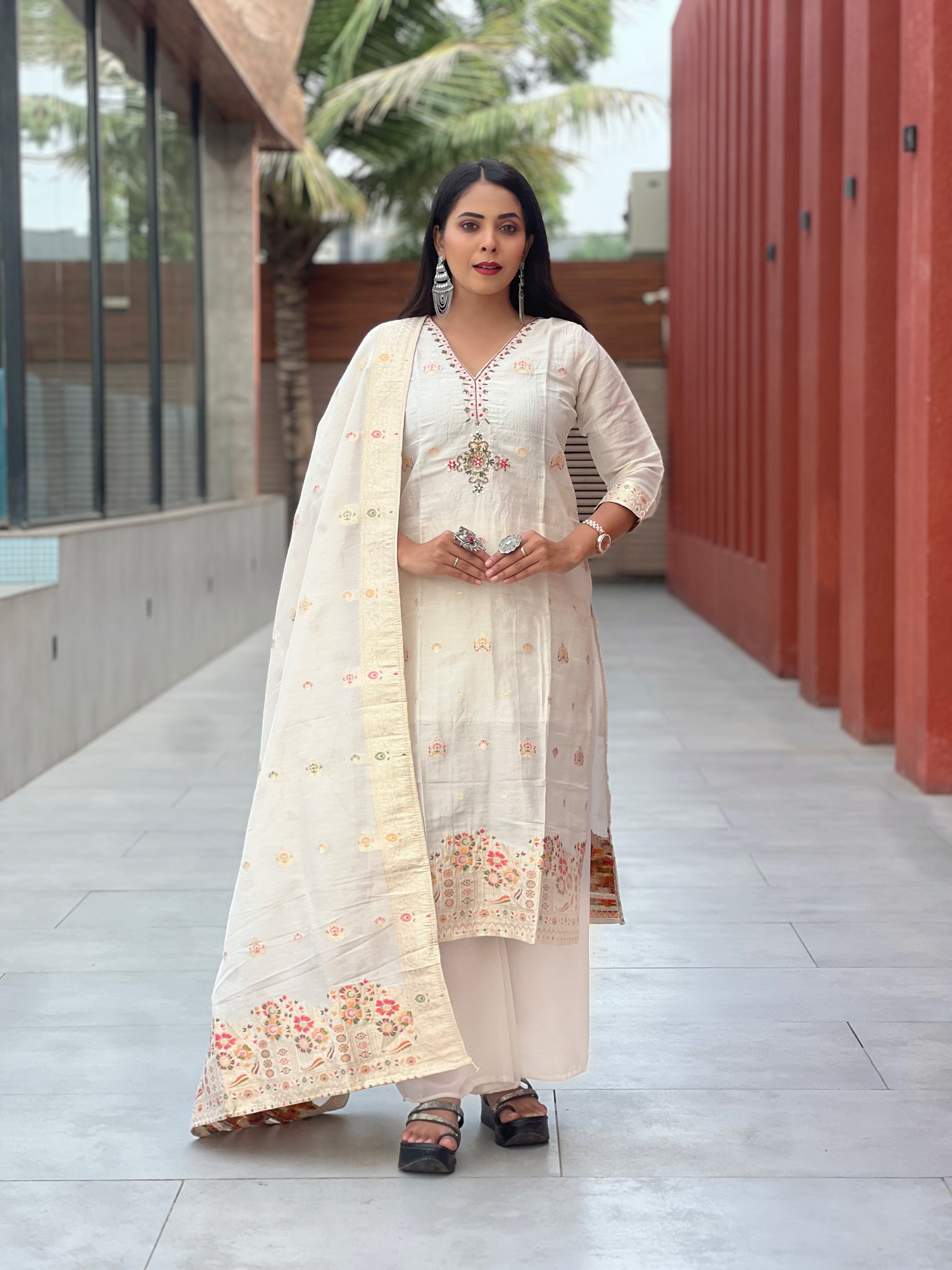 Gauri Ivory Embroidered Chanderi Suit Set